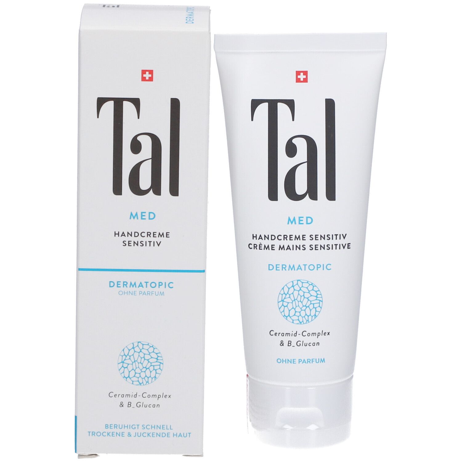 Produktverpackung mit Tube und Karton. "Tal MED"-Logo, Schweizer Kreuz. Handcreme für empfindliche Haut.