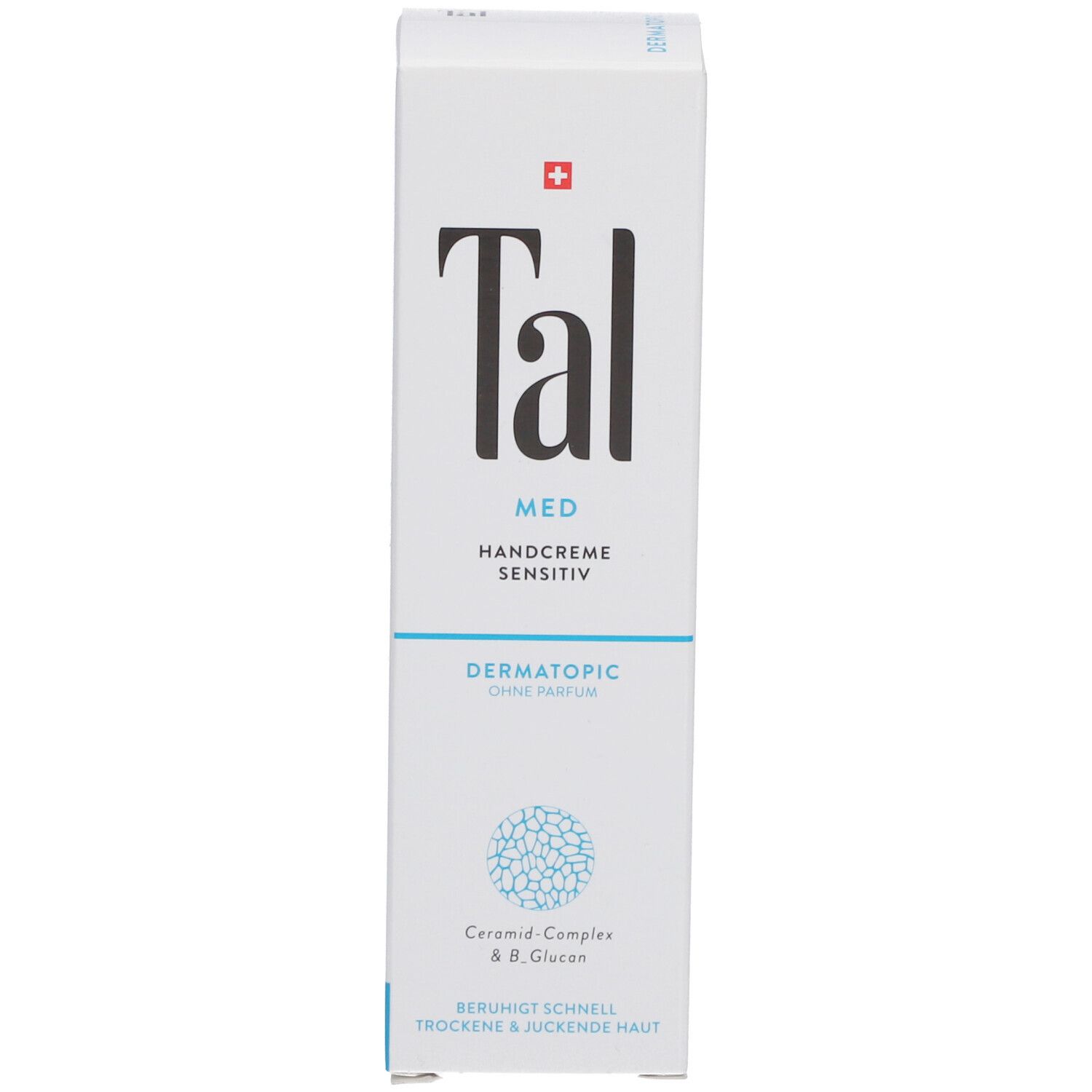 Kartonverpackung mit "Tal MED"-Logo, Schweizer Kreuz. Handcreme für empfindliche Haut. Dermatopic.