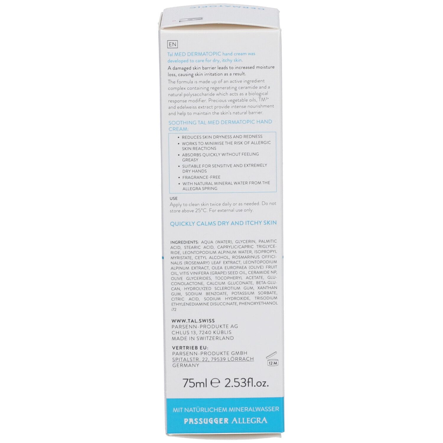 Kartonseite mit Text in Englisch und Französisch. Inhaltsstoffe, Anwendungshinweise und Herstellerangaben. 75ml.