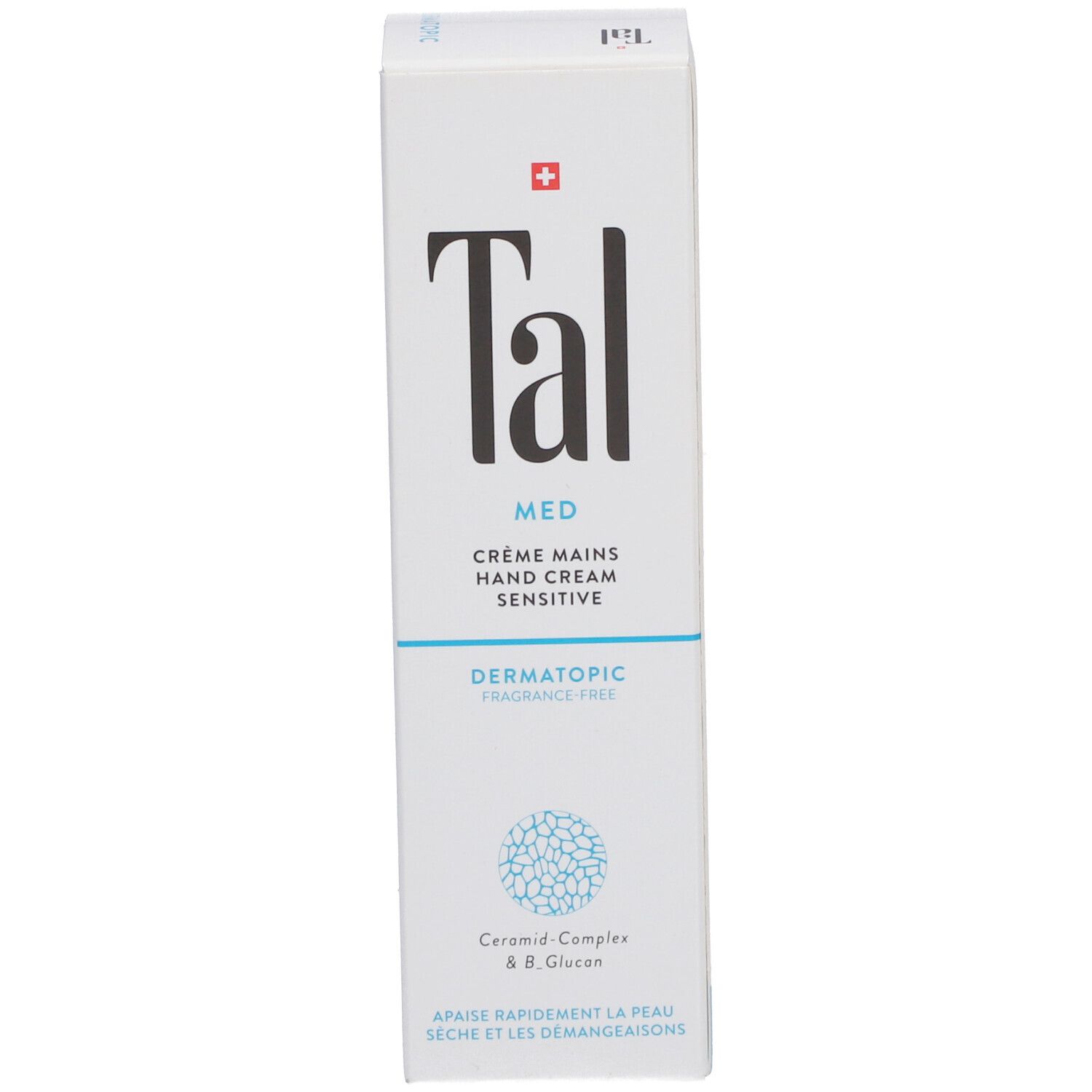 Karton mit "Tal MED"-Logo, Schweizer Kreuz. Handcreme, parfümfrei. Dermatopic. Für trockene Haut.