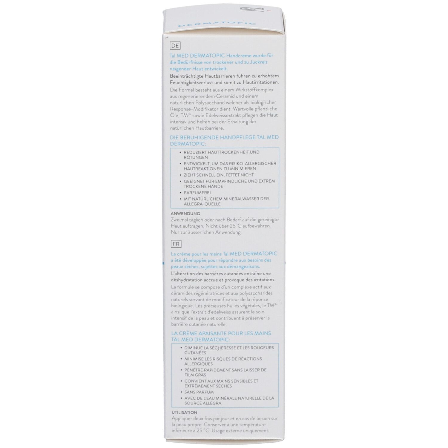 Kartonseite mit Text in Deutsch und Französisch. Produktbeschreibung, Anwendungshinweise und Inhaltsstoffe.
