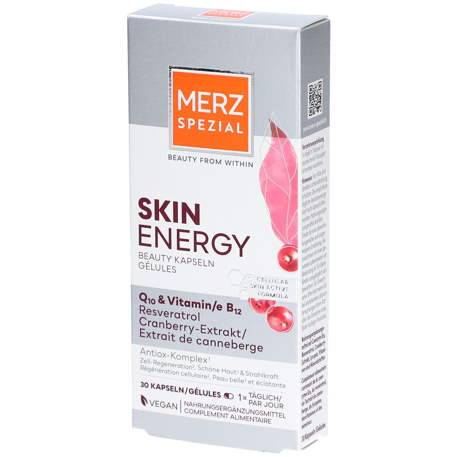 Schachtel MERZ SPEZIAL Skin Energy Beauty Kapseln. Enthält 30 Kapseln. Mit Q10, Vitamin E, Cranberry-Extrakt. Vegan.