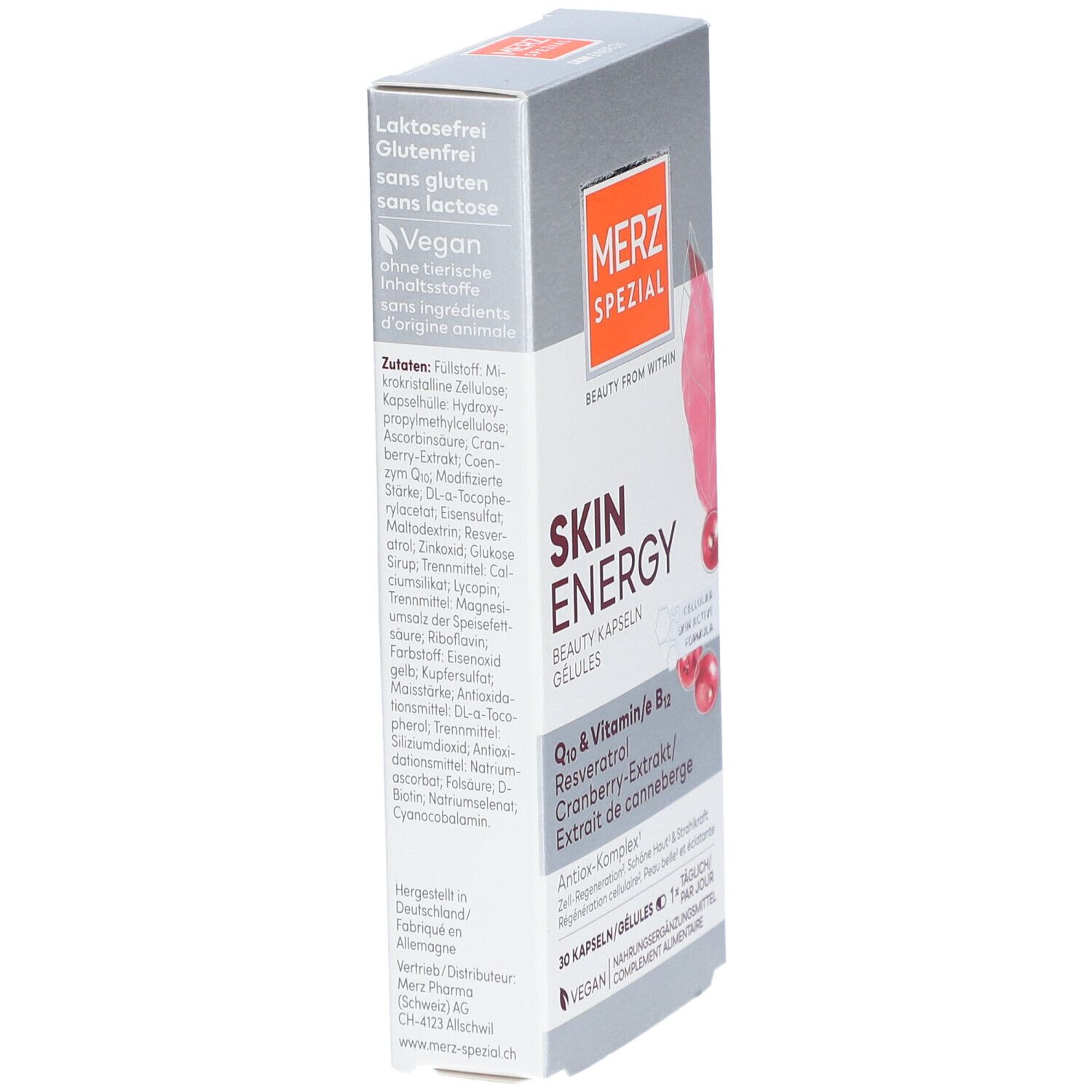 Seitenansicht der Schachtel MERZ SPEZIAL Skin Energy Beauty Kapseln. Enthält Informationen zu Inhaltsstoffen und Vegan-Siegel.