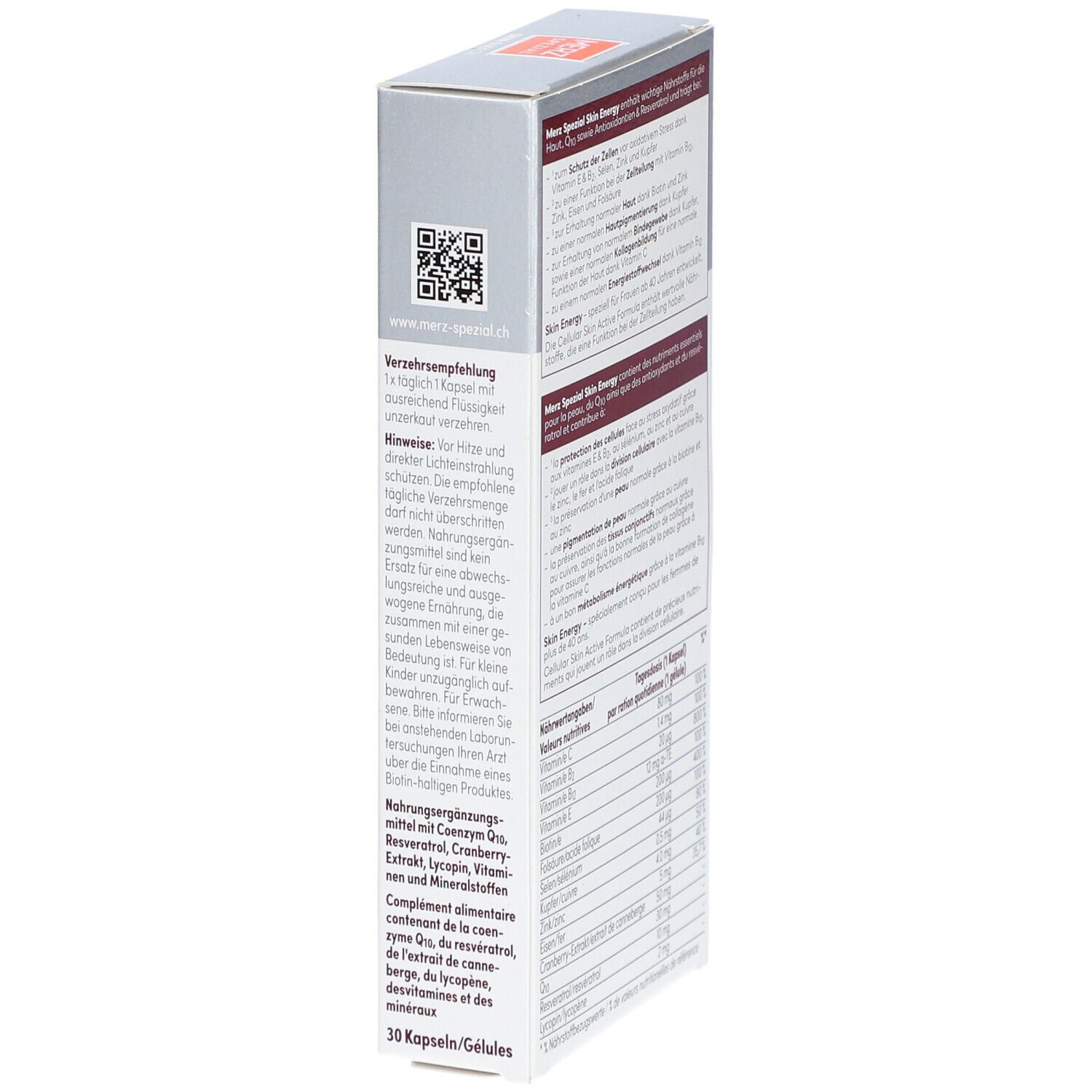Seitenansicht der Schachtel MERZ SPEZIAL Skin Energy Beauty Kapseln. Enthält Informationen zur Anwendung und Nährwertangaben.
