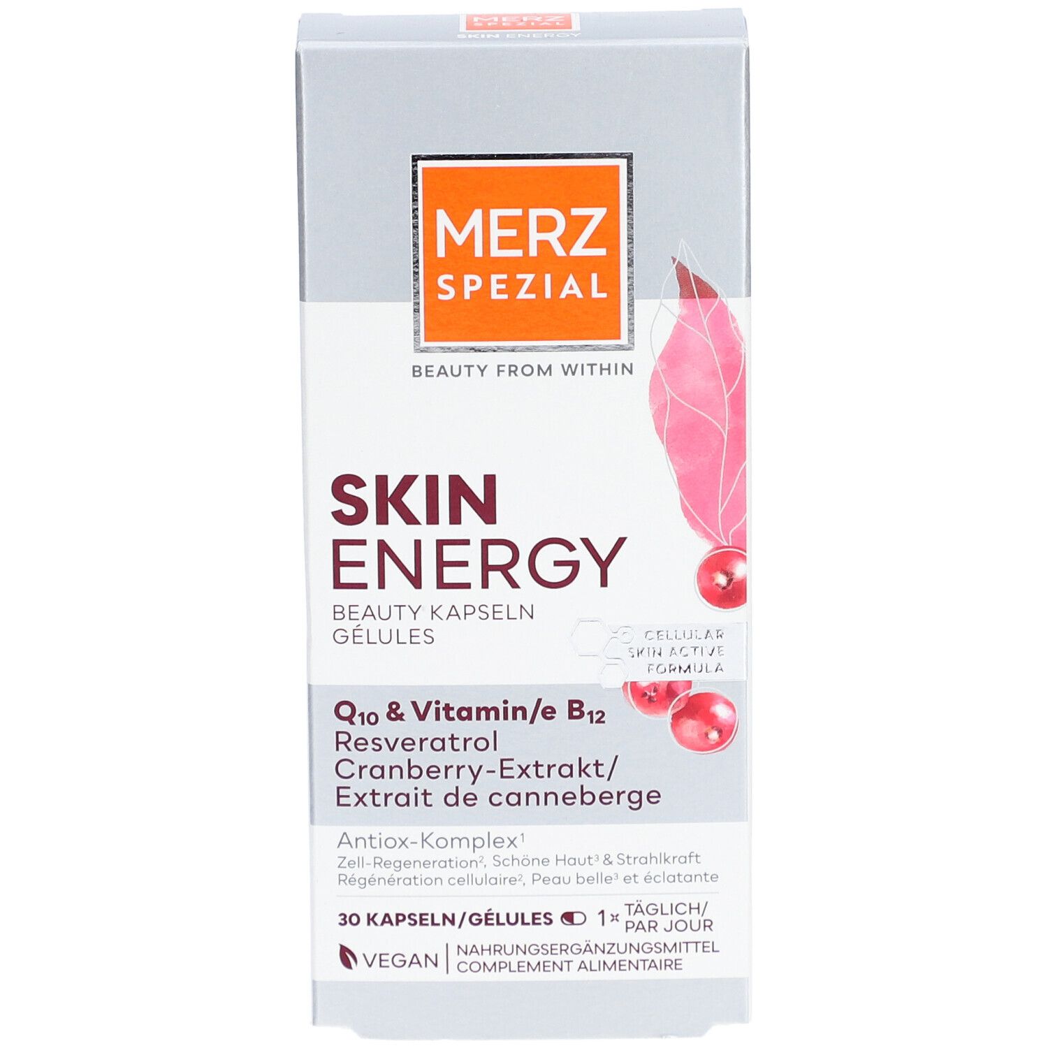 Vorderansicht der Schachtel MERZ SPEZIAL Skin Energy Beauty Kapseln. Enthält 30 Kapseln. Mit Q10, Vitamin E, Cranberry-Extrakt. Vegan.