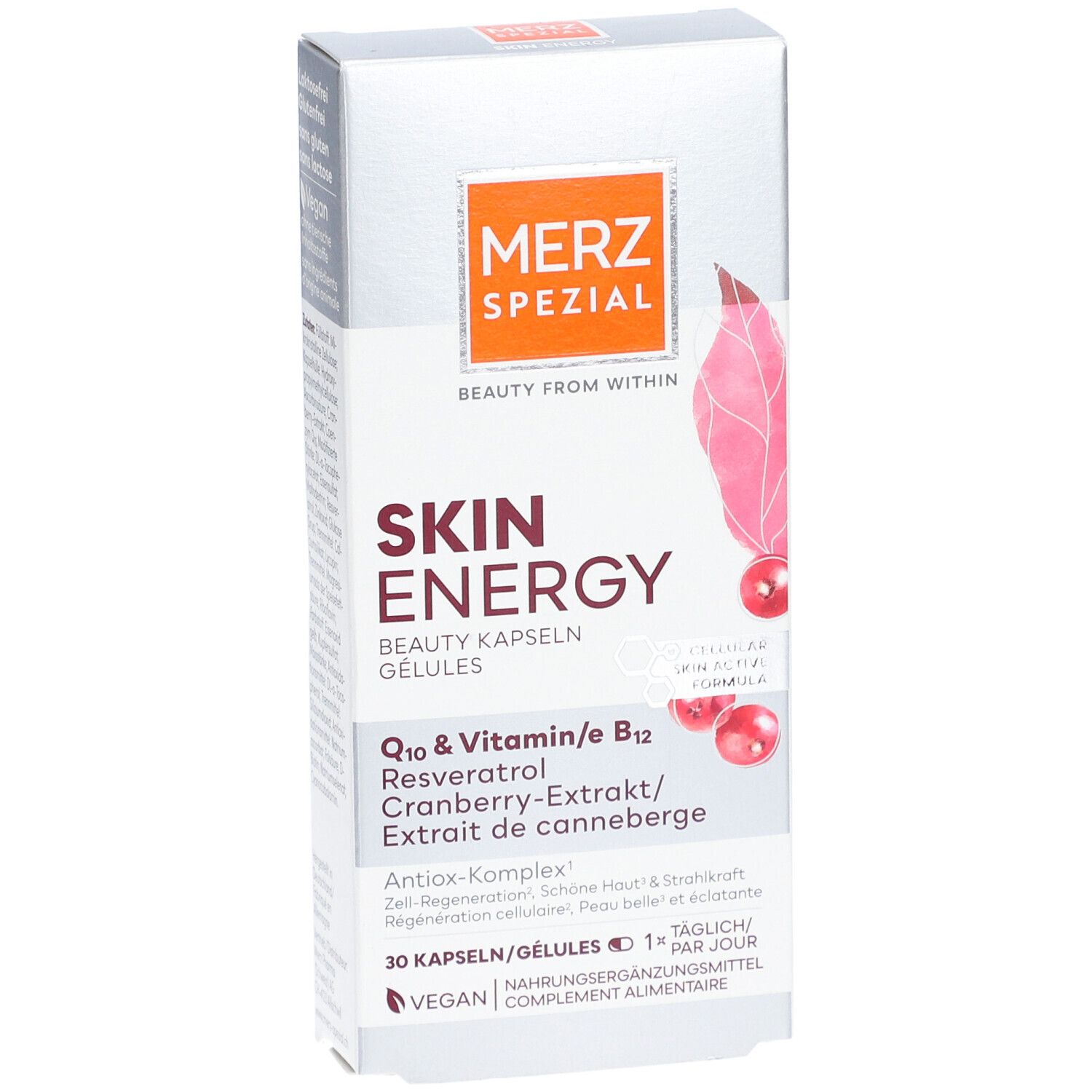 Vorderansicht der Schachtel MERZ SPEZIAL Skin Energy Beauty Kapseln. Enthält 30 Kapseln. Mit Q10, Vitamin E, Cranberry-Extrakt. Vegan.