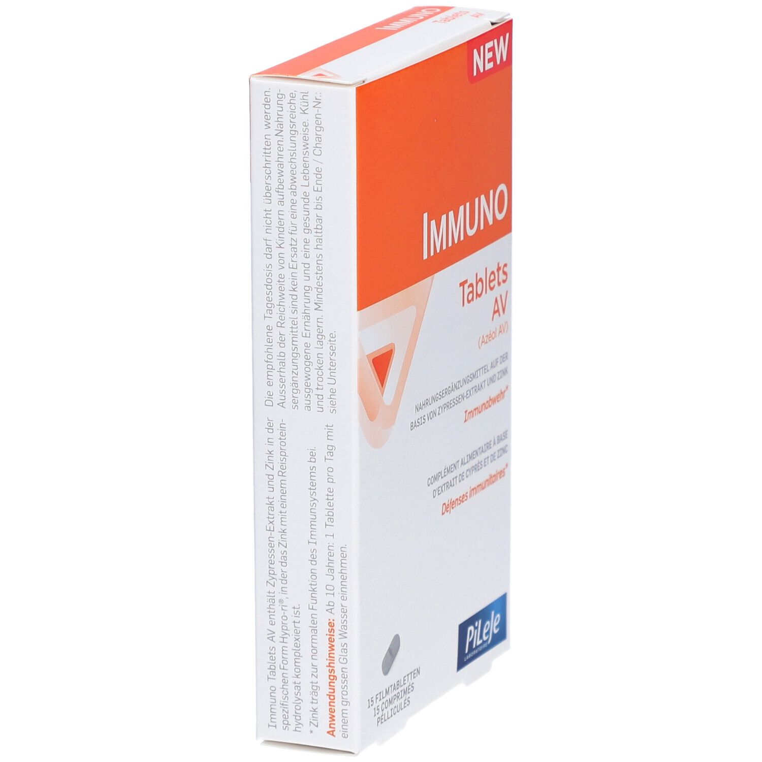 Seitenansicht der Verpackung von IMMUNO Tablets AV. Orange-weißes Design. Enthält Informationen und Produktnamen. Marke Pileje.