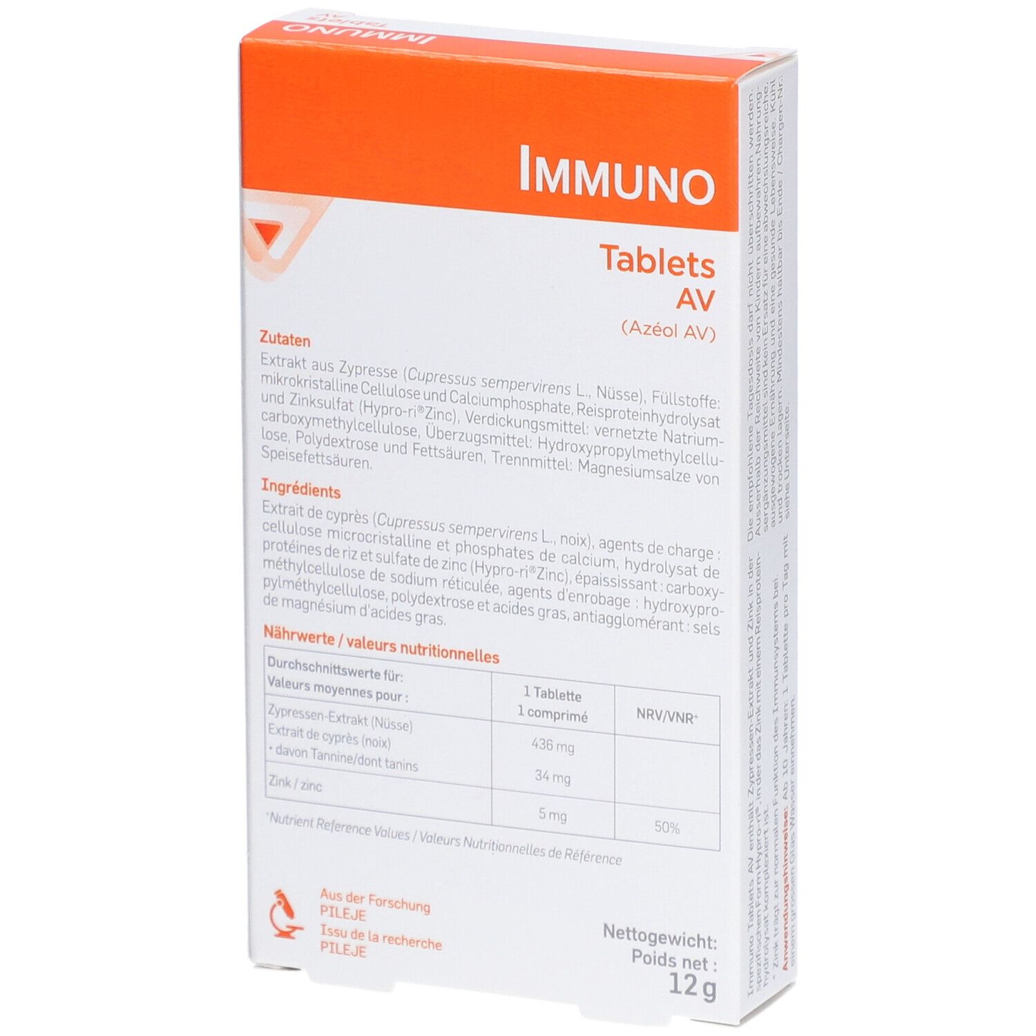 Rückseite der Verpackung von IMMUNO Tablets AV. Enthält Zutaten, Nährwertangaben und Informationen. Marke Pileje.