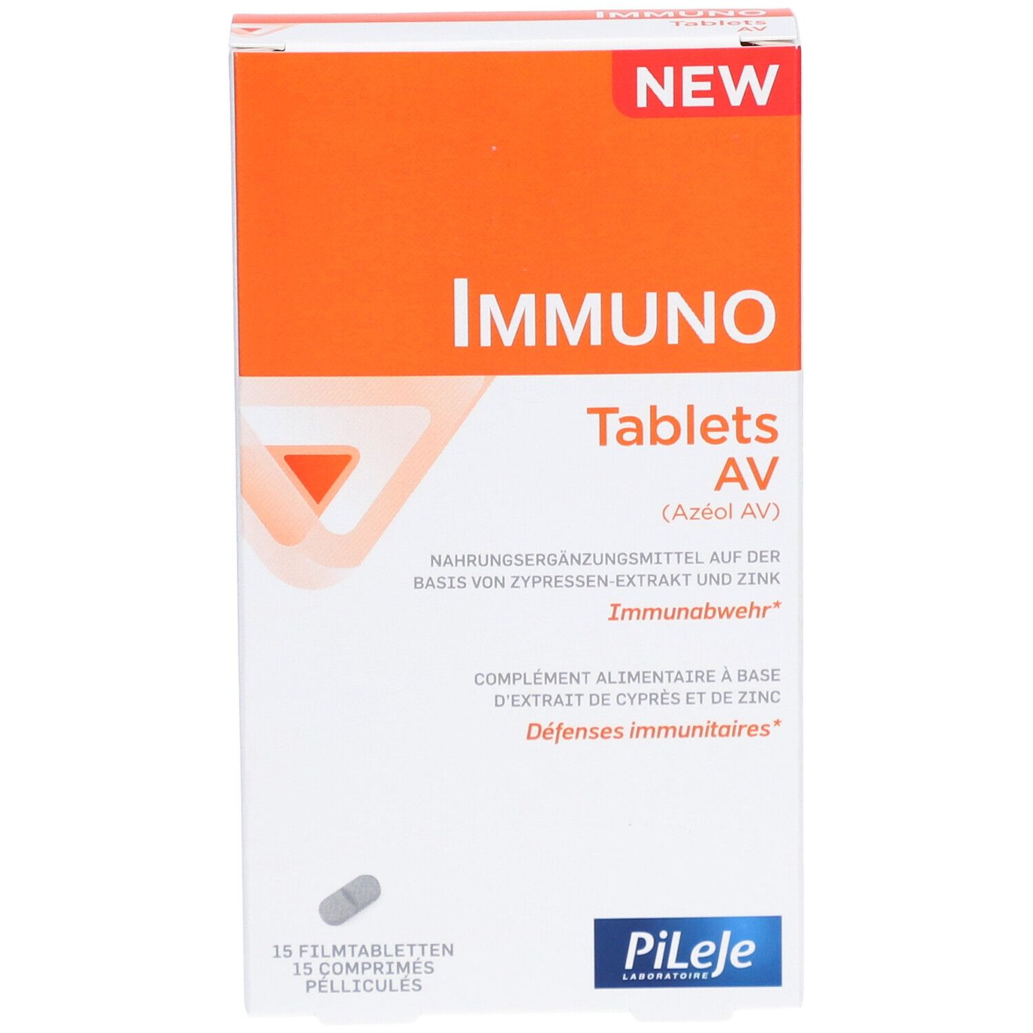 Verpackung von IMMUNO Tablets AV. Orange-weißes Design mit Produktnamen und 'NEW'. Enthält 15 Filmtabletten. Marke Pileje.