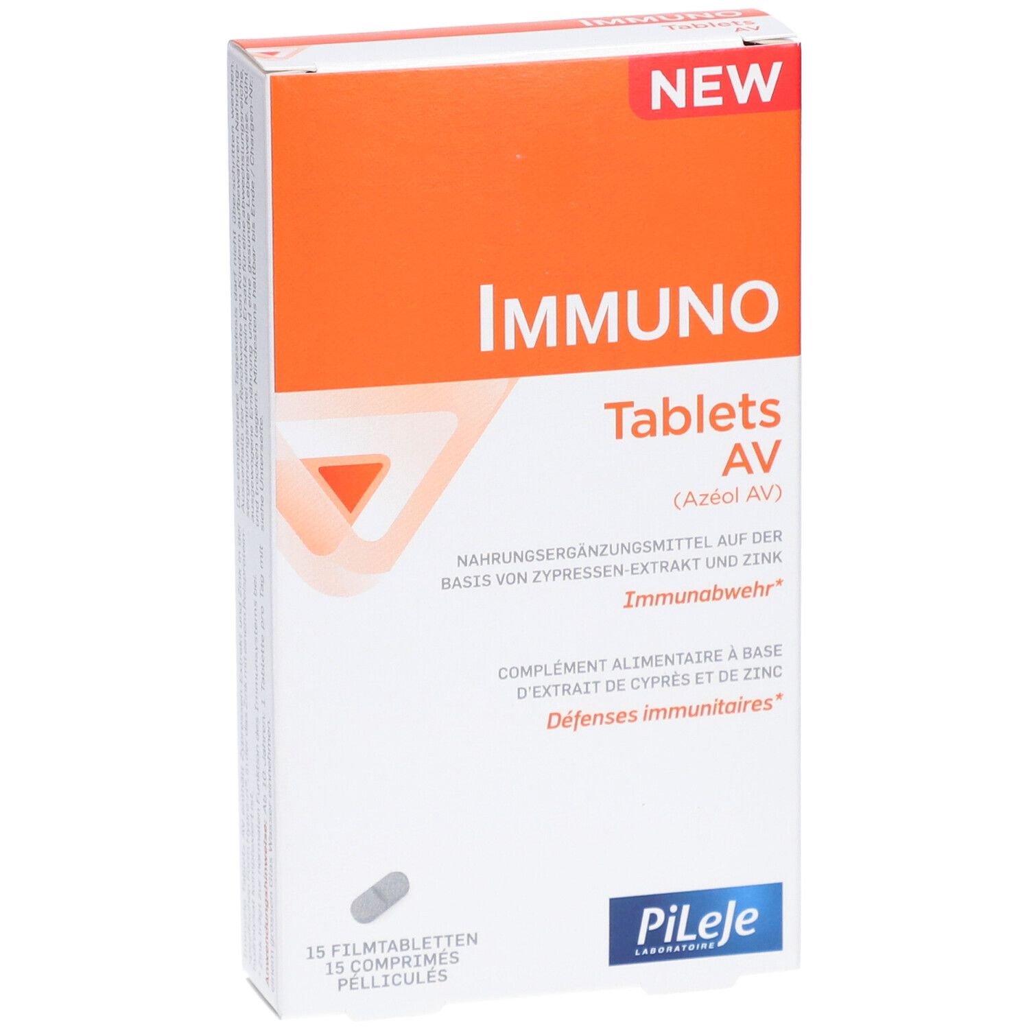 Verpackung von IMMUNO Tablets AV. Orange-weißes Design mit Produktnamen und 'NEW'. Enthält 15 Filmtabletten. Marke Pileje.