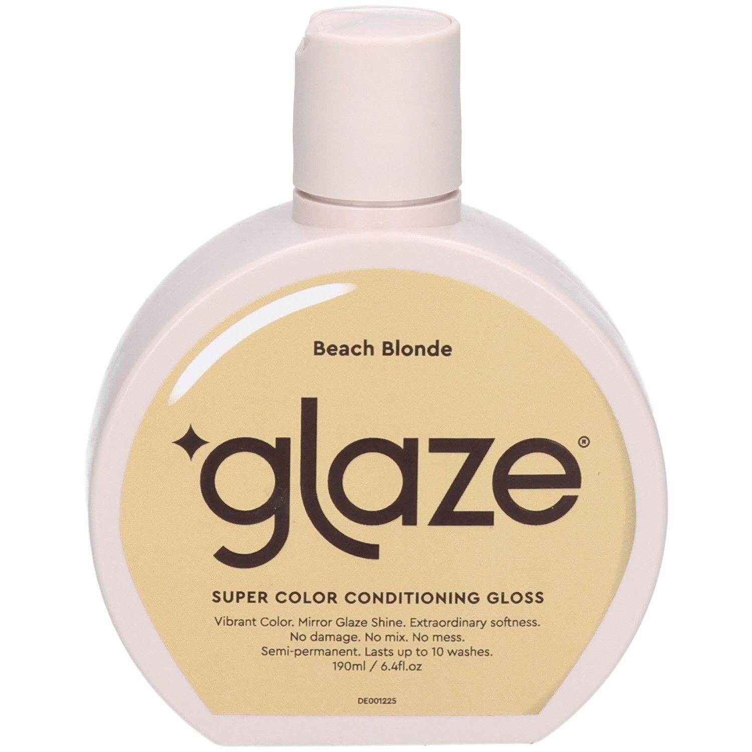 Glaze Super Color Conditioning Gloss in Beach Blonde. Helle, runde Flasche mit gelbem Etikett.