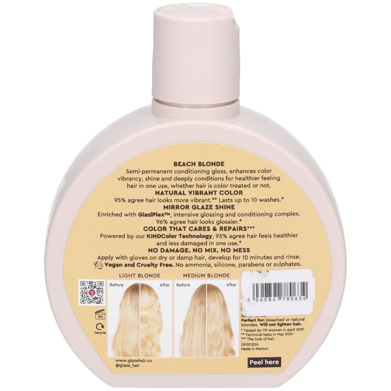 Flasche mit "Beach Blonde" Haartönung. Zeigt Vorher-Nachher-Bilder von blondem Haar.