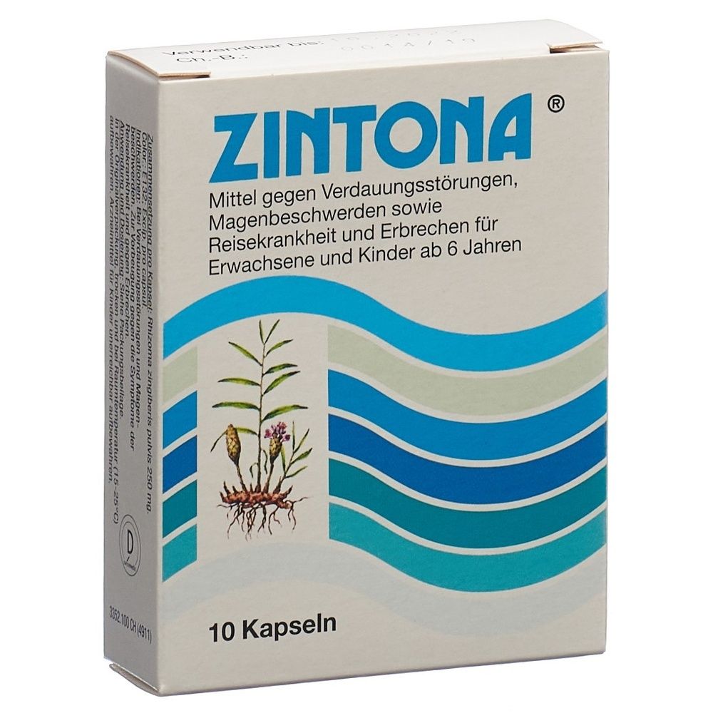 Schachtel mit ZINTONA Kapseln. Aufschrift: Mittel gegen Verdauungsstörungen, Magenbeschwerden, Reisekrankheit. 10 Kapseln.