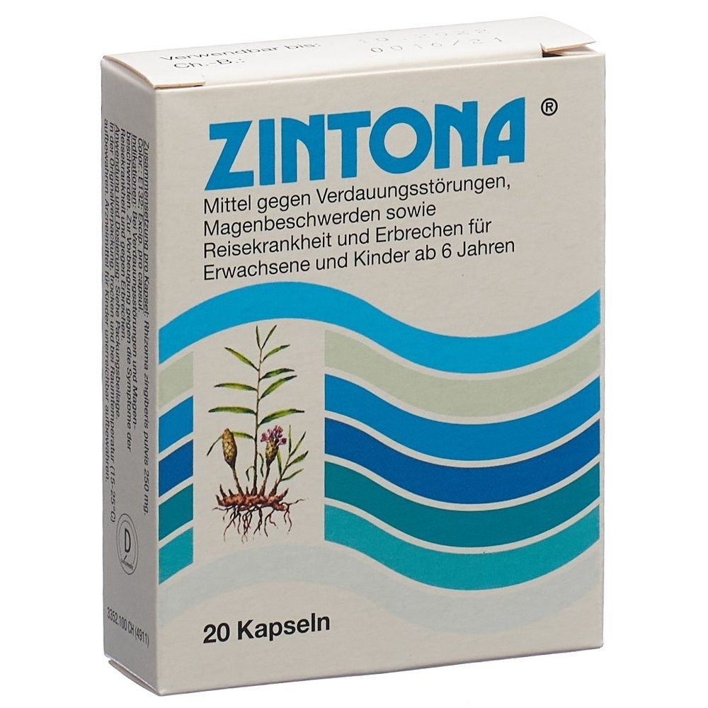 Karton mit ZINTONA Kapseln. Aufschrift: Mittel gegen Verdauungsstörungen, Magenbeschwerden, Reisekrankheit. 20 Kapseln.