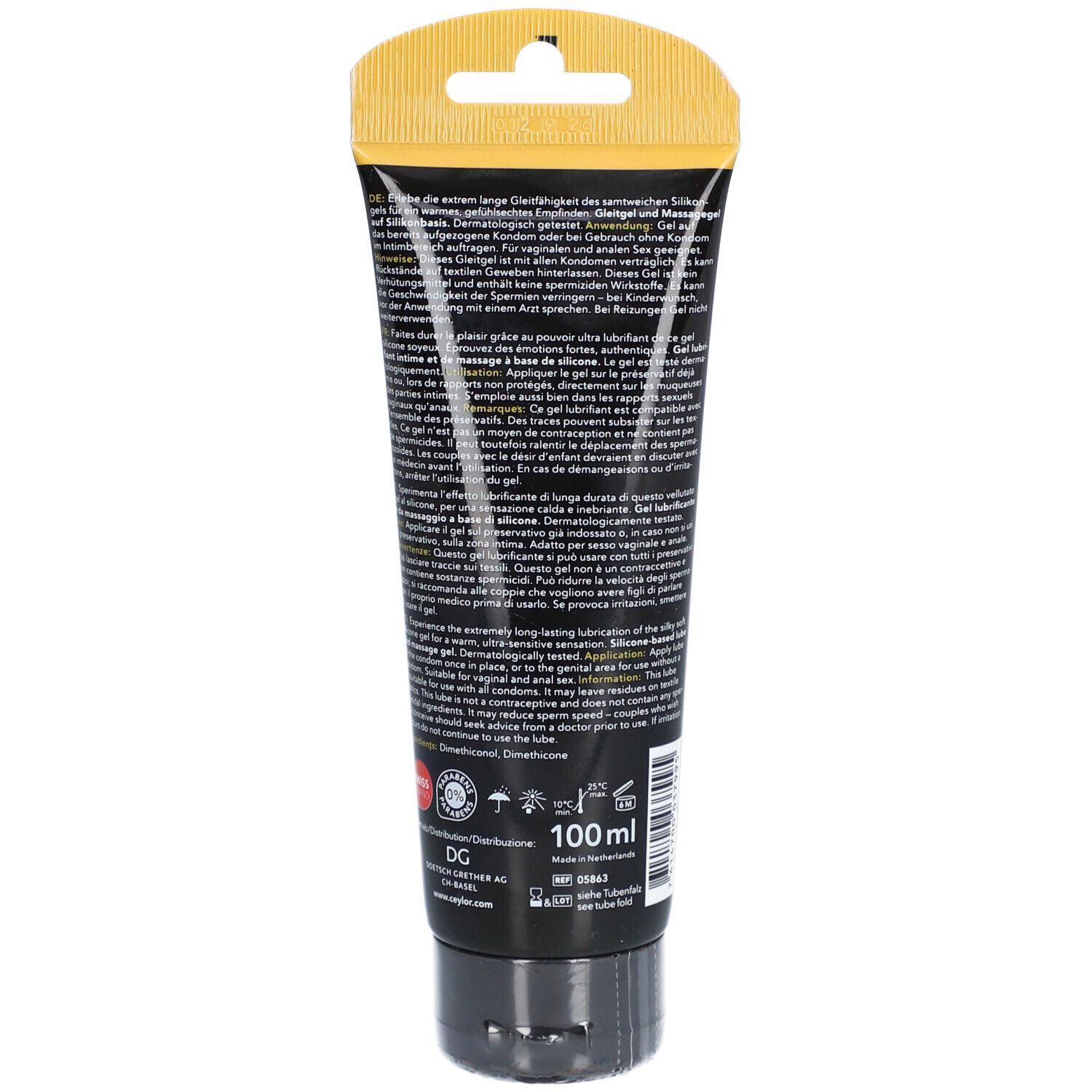 Dos du tube de gel. Fond noir avec texte multilingue. Inscription: 100 ml. Logo: OK pour le confort.