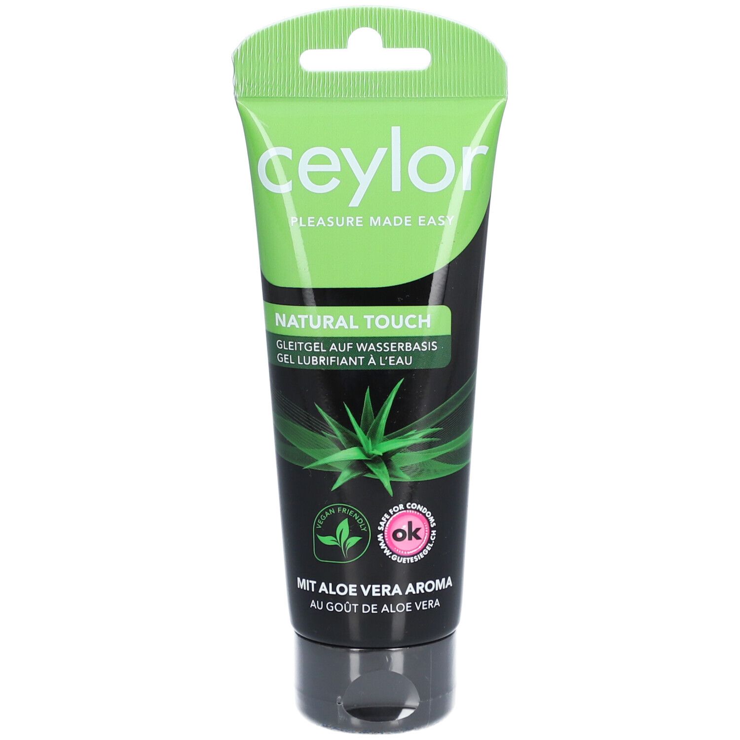 Grüne Tube mit schwarzem Deckel. Aufschrift: Ceylor, Natural Touch. Mit Aloe Vera Aroma. Vegan-Siegel.