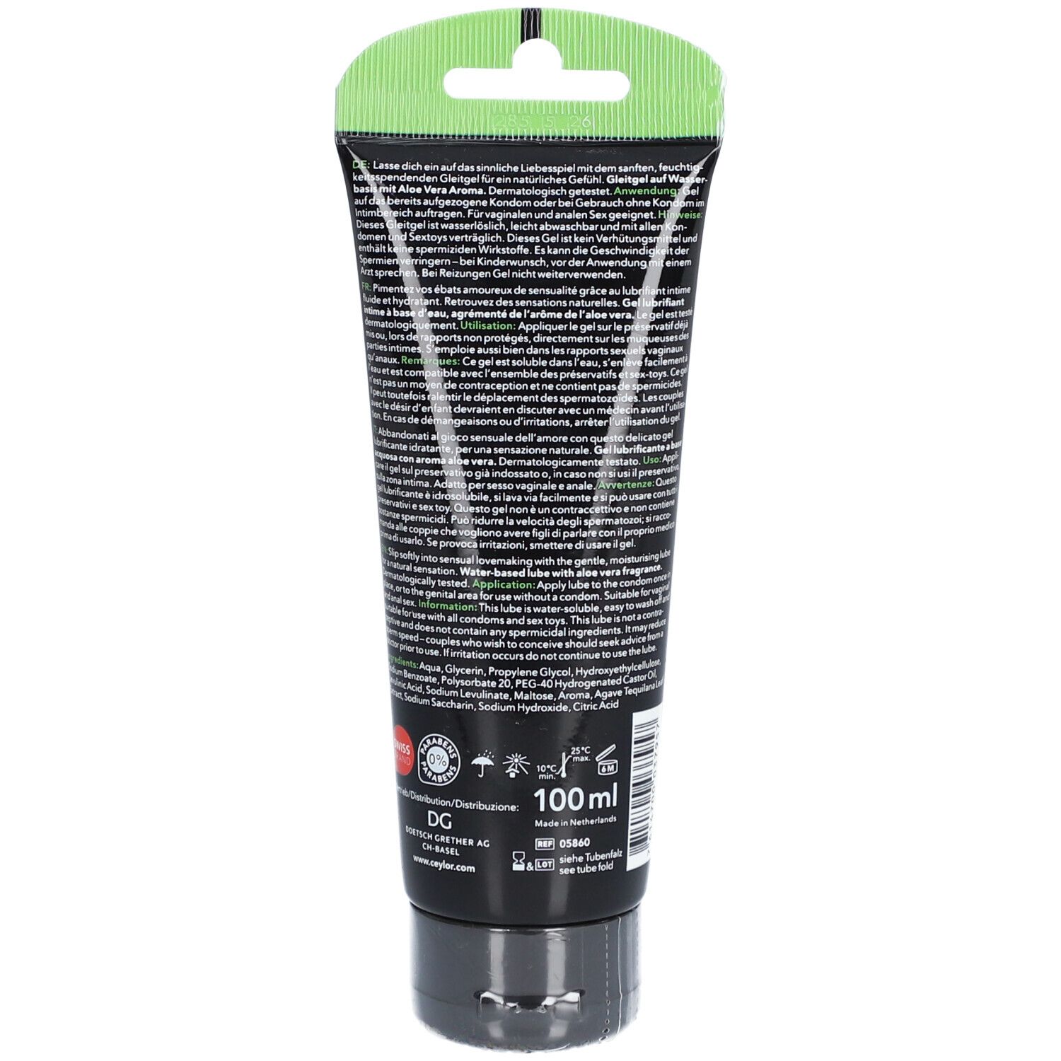 Rückseite der Tube. Text in mehreren Sprachen. Inhaltsstoffe. 100 ml. Siegel und Logos.