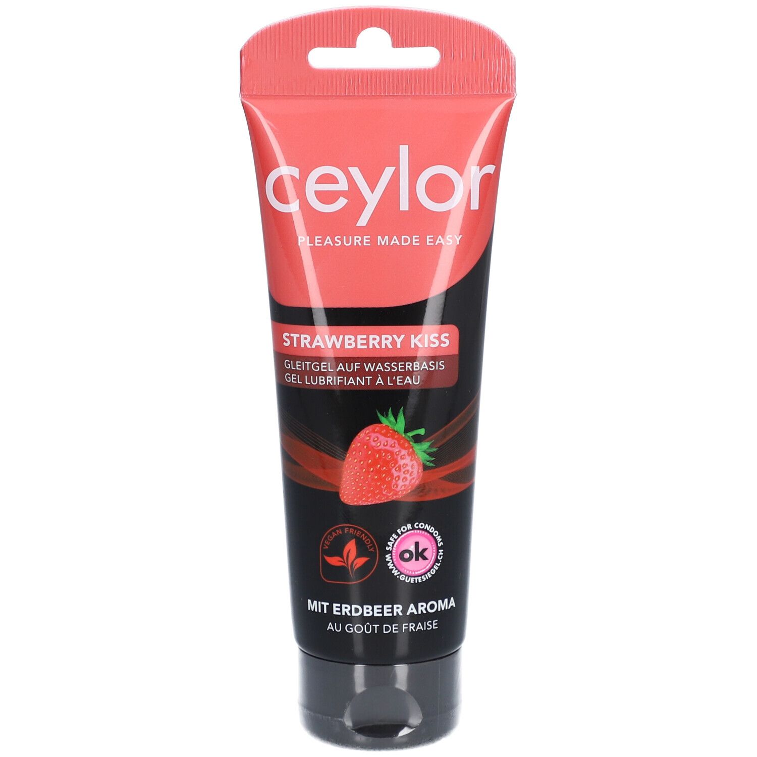 Rote Tube mit schwarzem Hintergrund. Aufschrift: Ceylor, Strawberry Kiss. Erdbeere-Abbildung. Text: Gleitgel auf Wasserbasis.