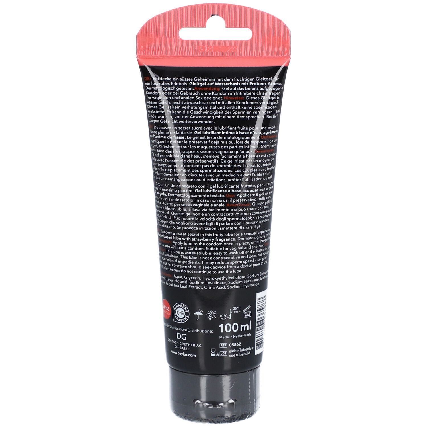 Rückseite der Tube. Schwarzer Hintergrund, Text in mehreren Sprachen. Unten: 100 ml, Logo und weitere Informationen.