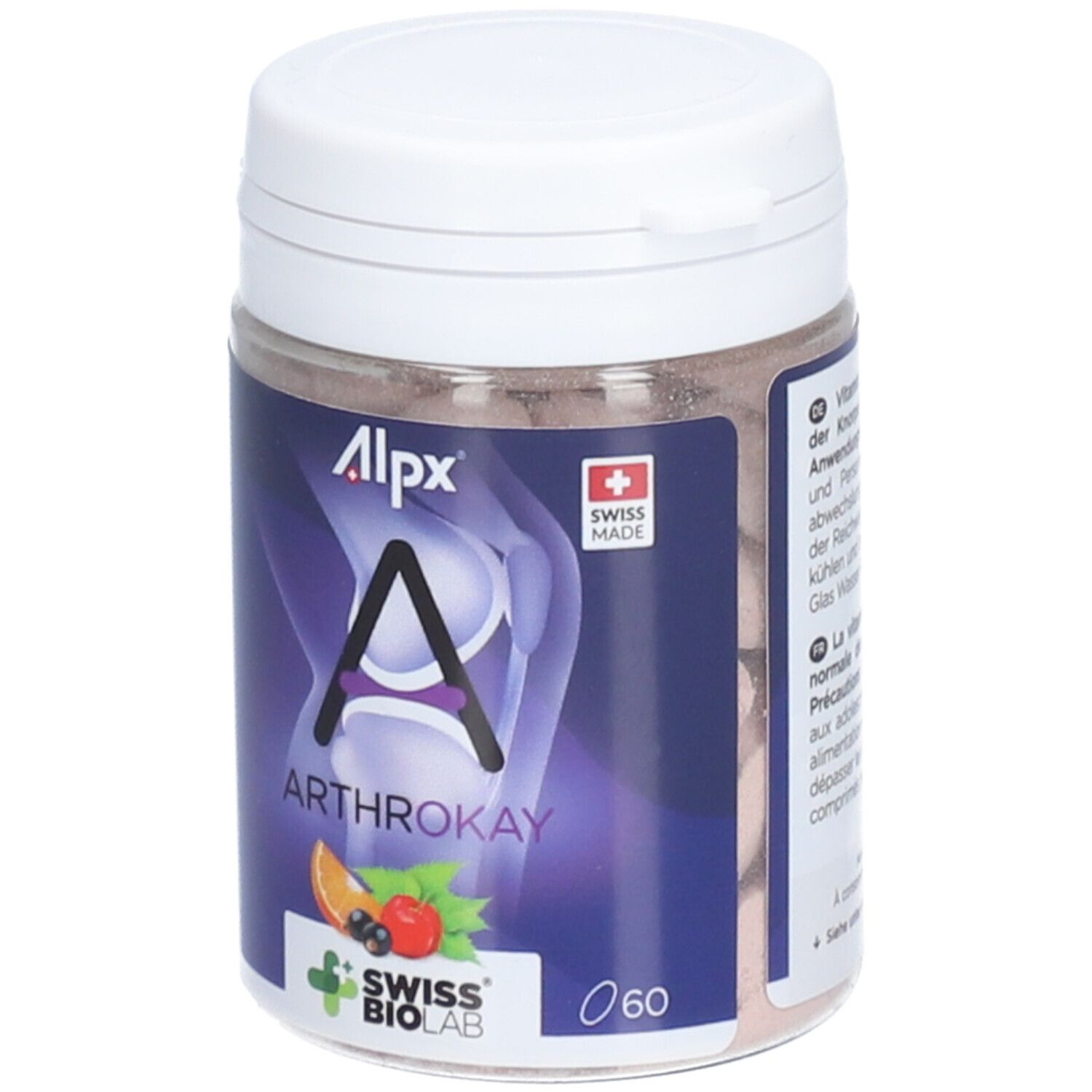 Récipient blanc avec comprimés bruns. Étiquette avec nom du produit ALPX Arthrokay, logo et illustration.