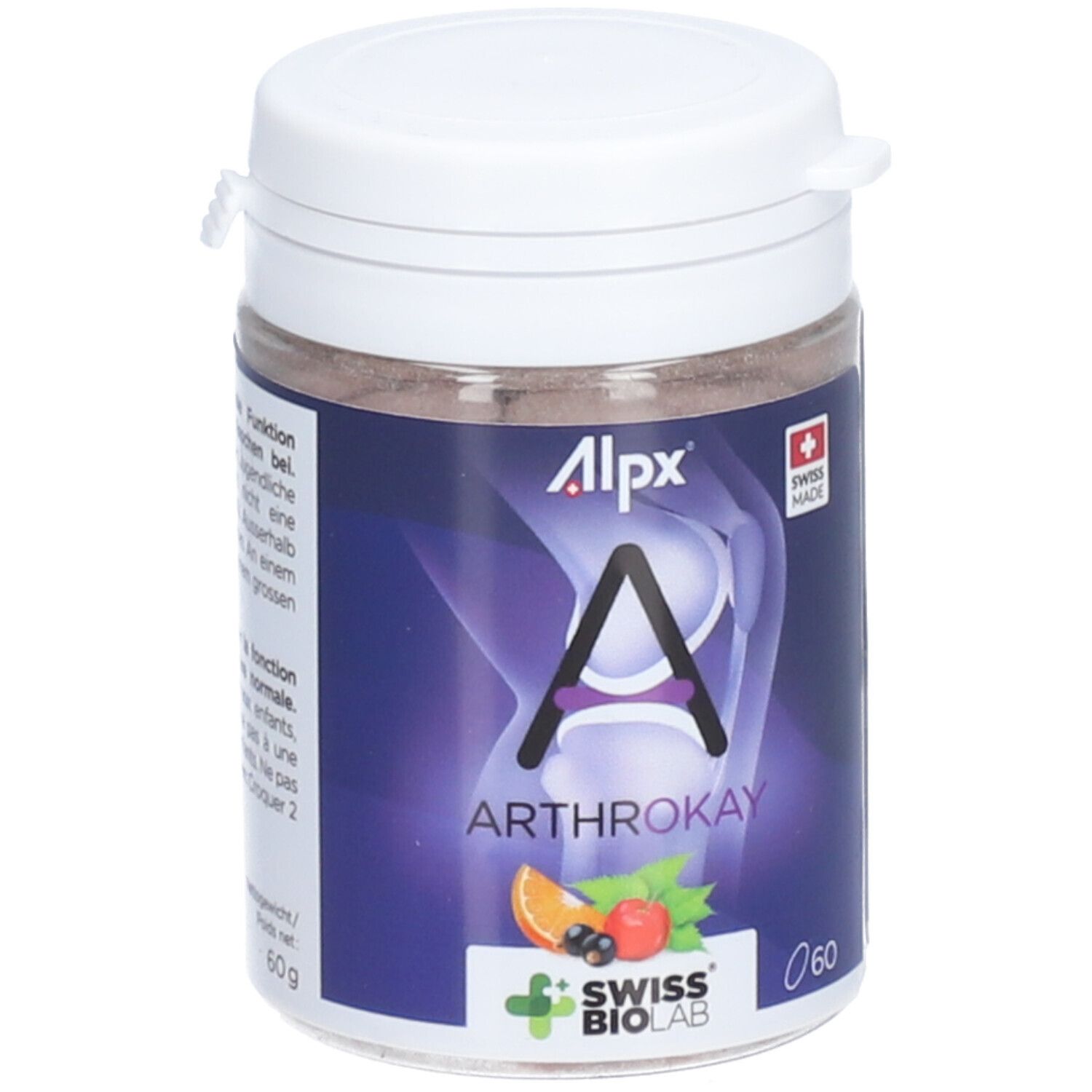 Récipient blanc avec comprimés bruns. Étiquette avec nom du produit ALPX Arthrokay, logo et illustration.