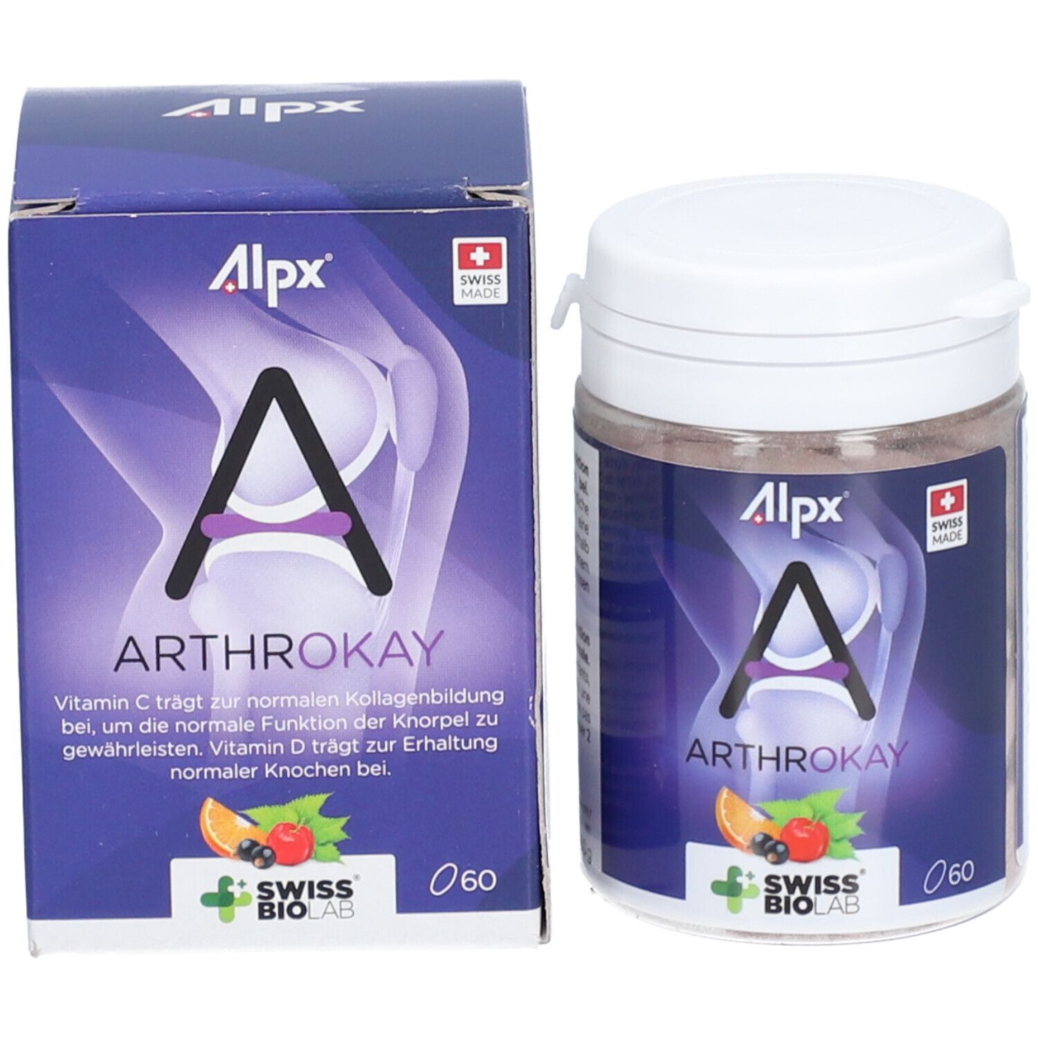 Produit ALPX Arthrokay avec boîte et emballage. Boîte avec comprimés, emballage avec nom et logo.