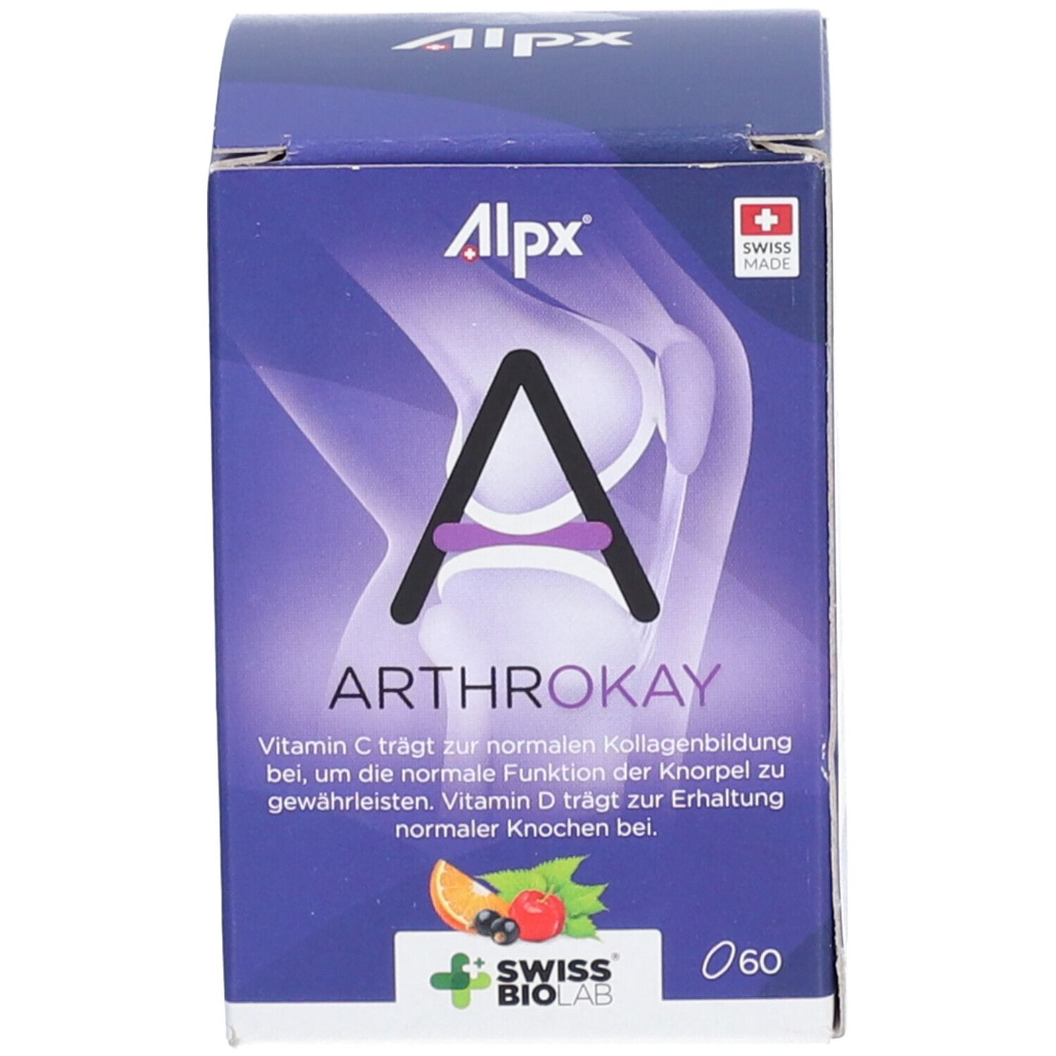Emballage d'ALPX Arthrokay. Nom du produit, logo et illustration. Logo Swiss Made.