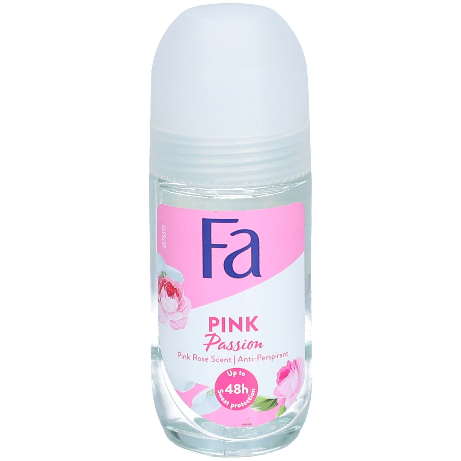 Roll-on-Deo mit weißem Deckel. Aufkleber mit Logo "Fa", "Pink Passion" und Rosenmotiv. Anti-Transpirant.