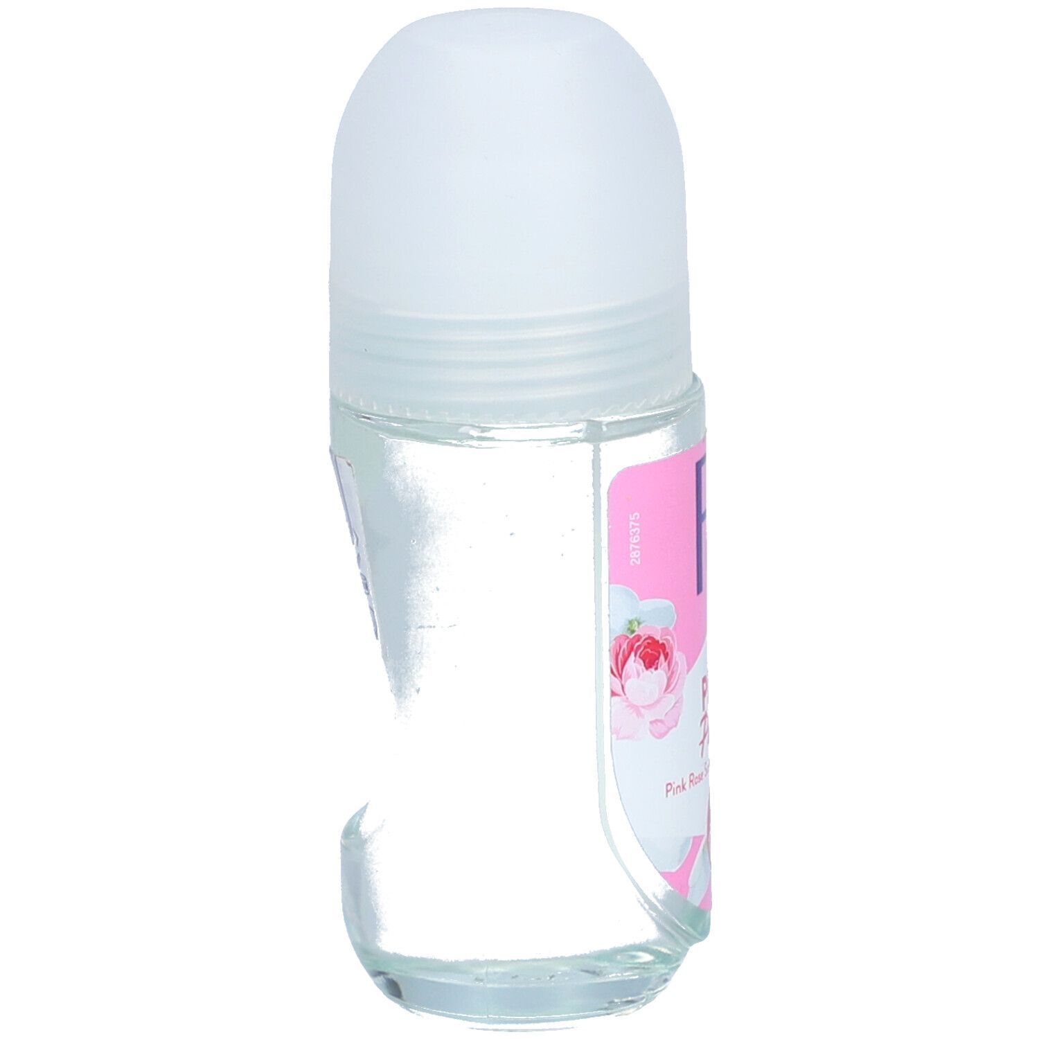 Roll-on-Deo, transparente Flasche mit weißem Deckel. Aufkleber mit Logo "Fa" und Rosenmotiv. Seitenansicht.