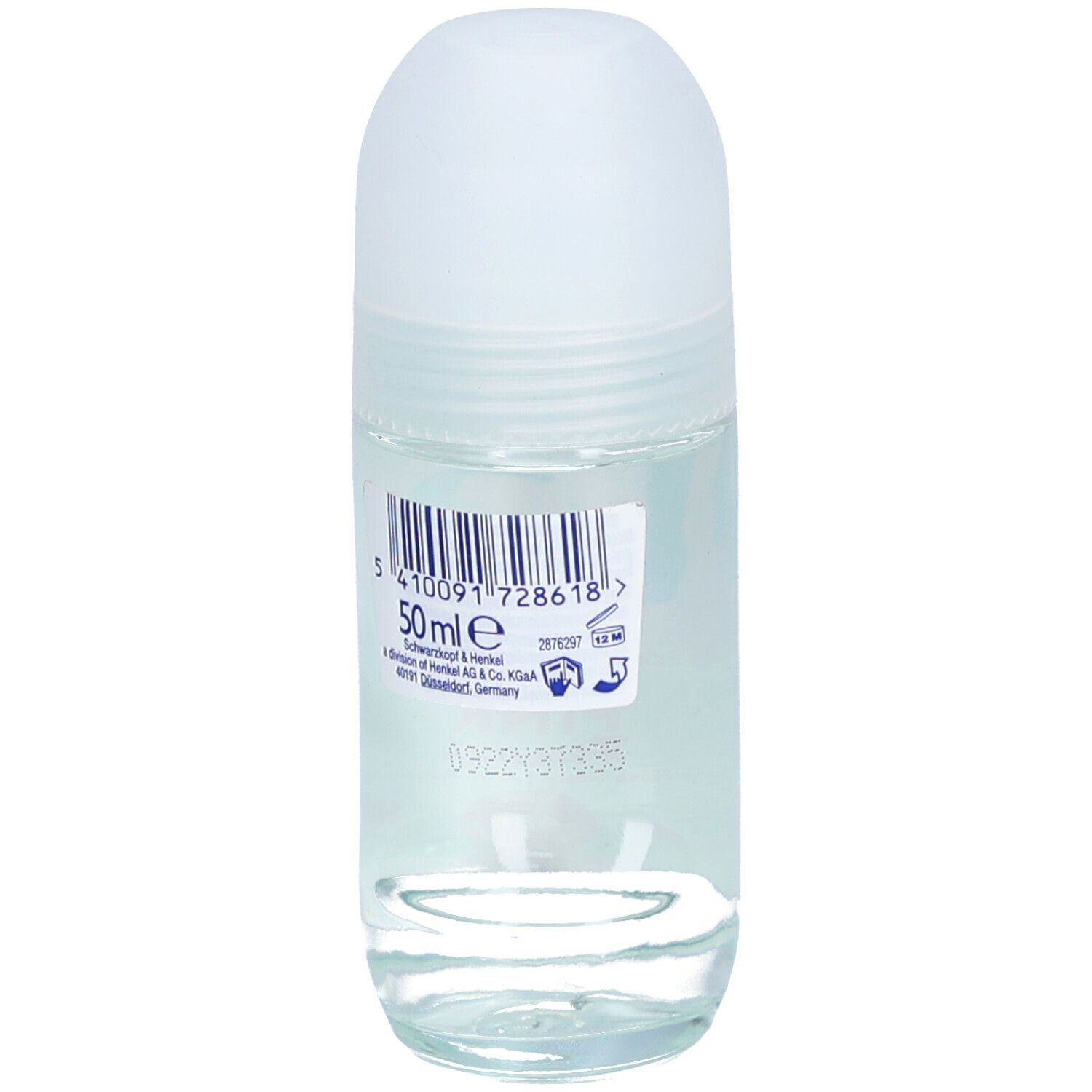 Roll-on-Deo mit weißem Deckel. Rückseite mit Barcode und Text. 50ml. Herstellerinformationen.