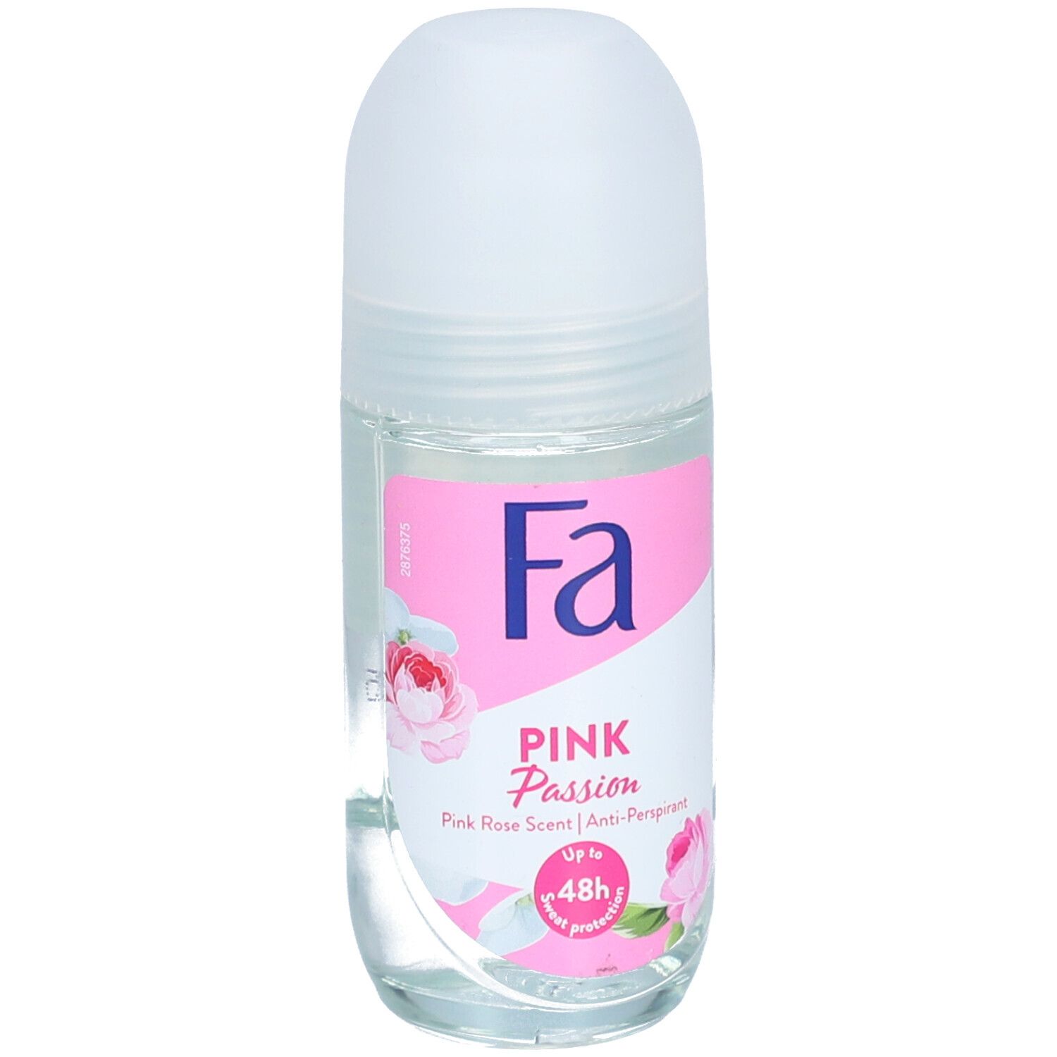 Roll-on-Deo mit weißem Deckel. Aufkleber mit Logo "Fa", "Pink Passion" und Rosenmotiv. Anti-Transpirant.