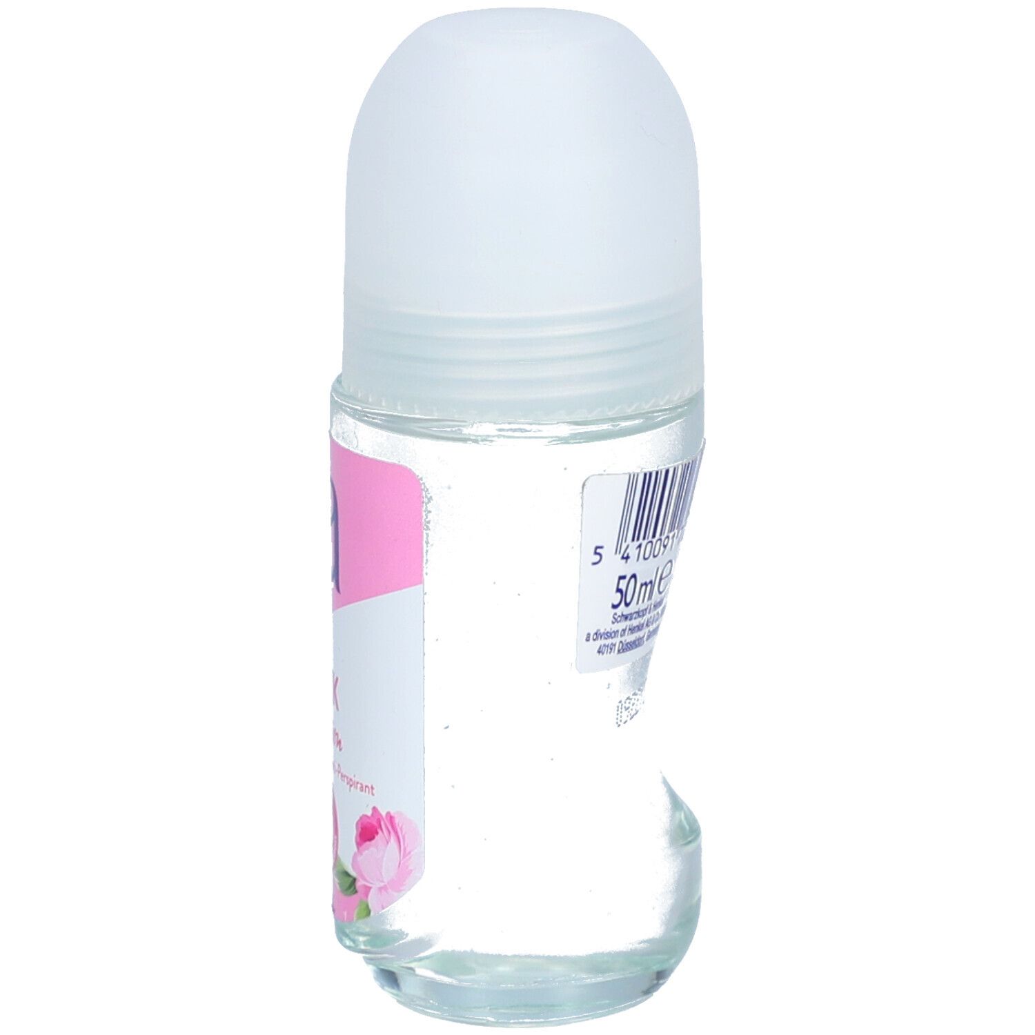 Roll-on-Deo mit weißem Deckel. Rückseite mit Barcode und Text. 50ml. Herstellerinformationen.