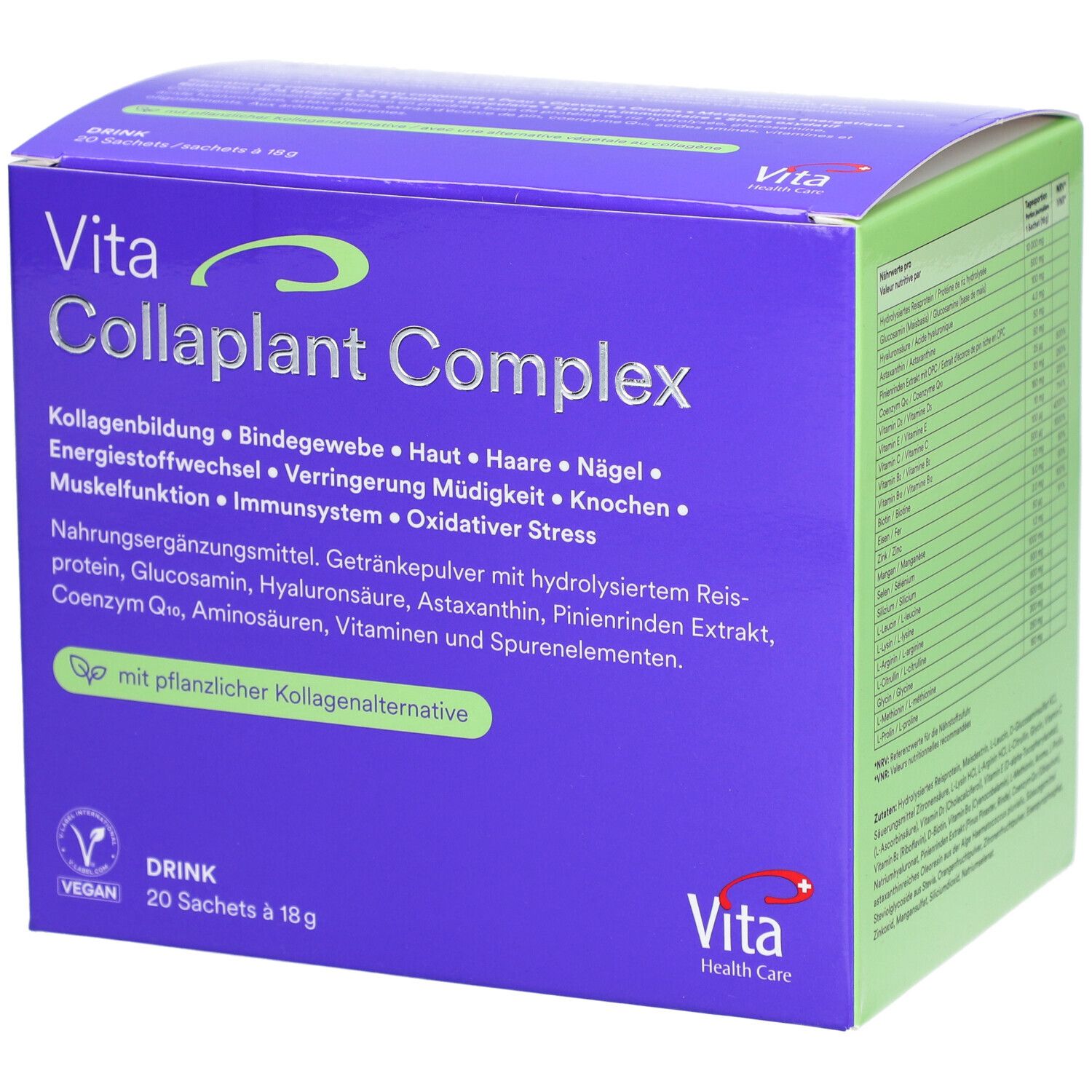 Boîte violette "Vita Collaplant Complex". Contient 20 sachets. Texte: Formation de collagène, tissu conjonctif, peau, cheveux, ongles.