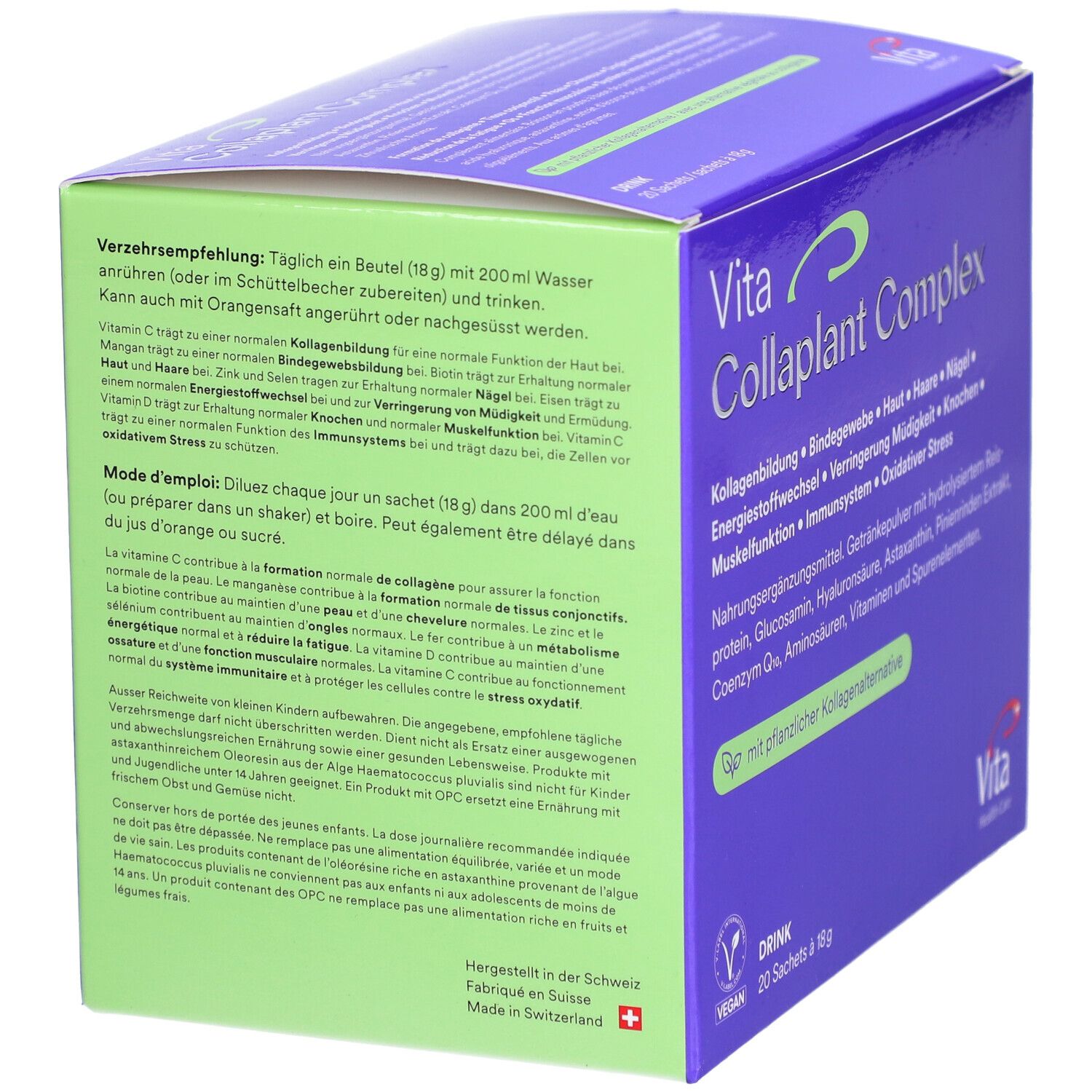 Dos de la boîte violette "Vita Collaplant Complex". Contient des informations sur l'utilisation et les ingrédients. Logo végan.