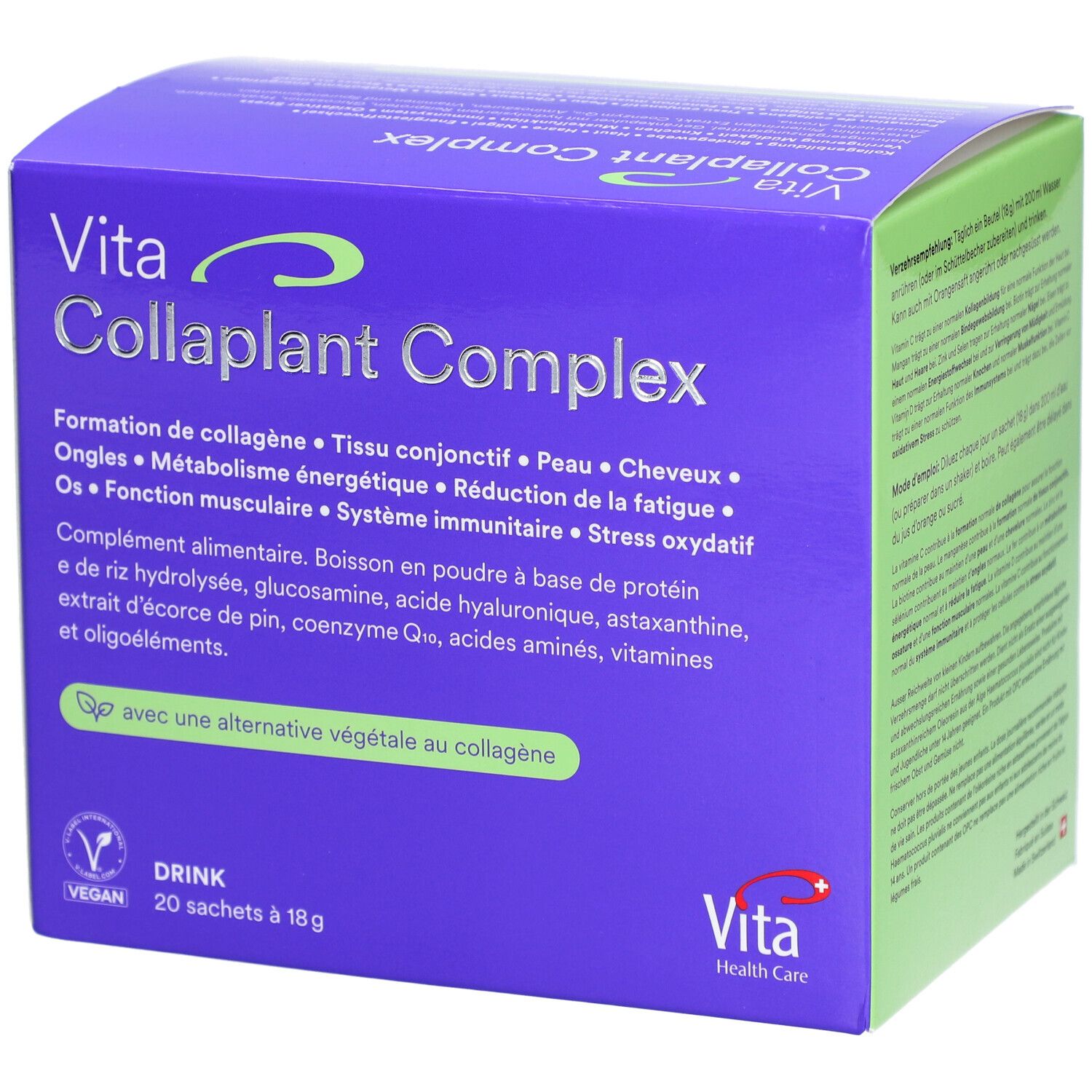 Boîte violette "Vita Collaplant Complex". Contient 20 sachets. Texte: Formation de collagène, tissu conjonctif, peau, cheveux, ongles. Logo végan.