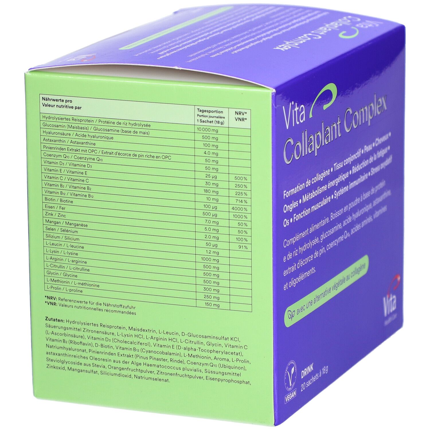 Dos de la boîte "Vita Collaplant Complex". Contient des informations nutritionnelles. Logo végan. Ingrédients et valeurs nutritionnelles.