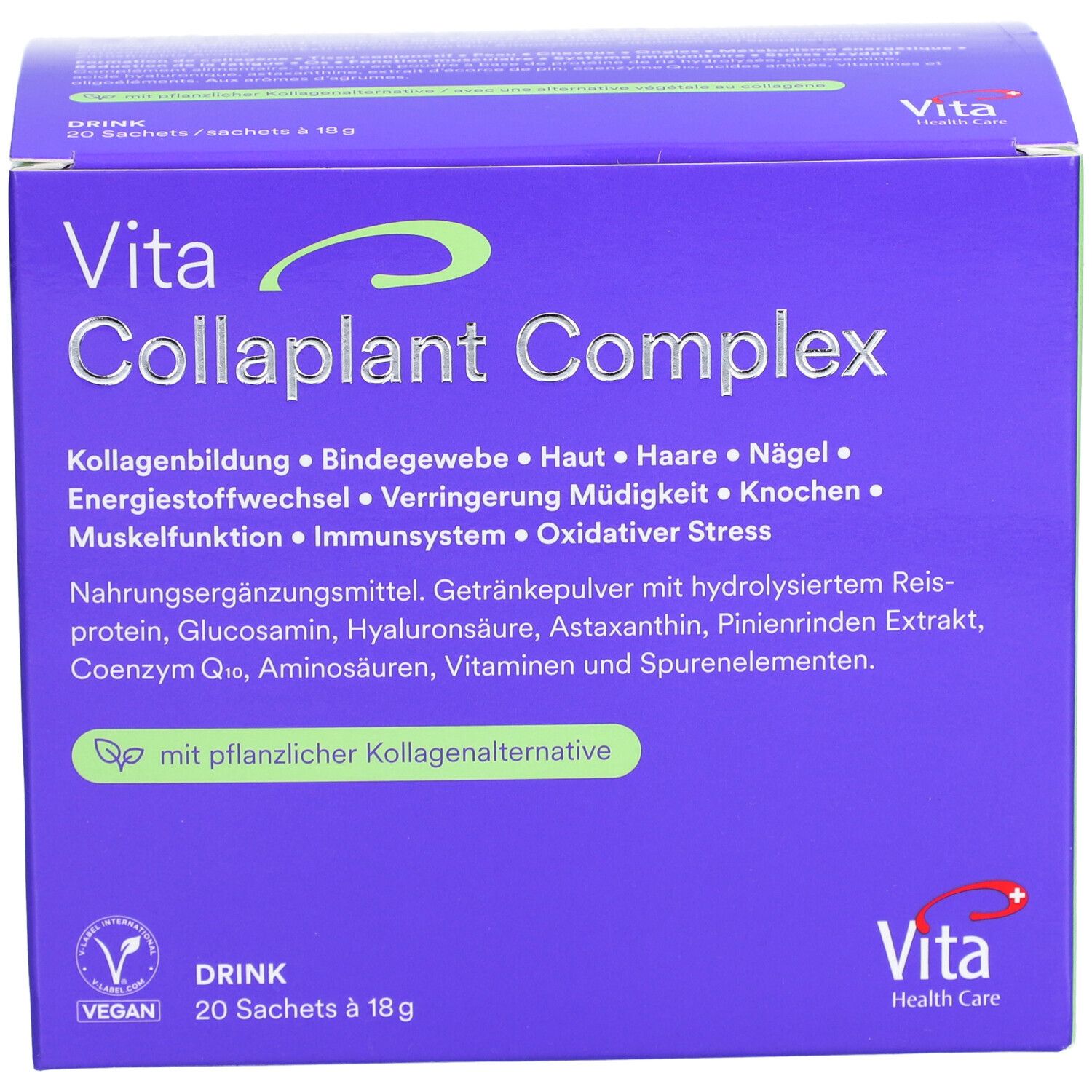 Boîte violette "Vita Collaplant Complex". Contient 20 sachets. Texte: Formation de collagène, tissu conjonctif, peau, cheveux, ongles. Logo végan.