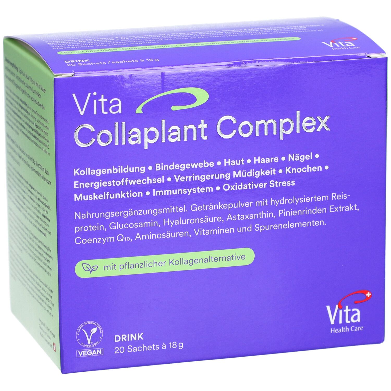 Boîte violette "Vita Collaplant Complex". Contient 20 sachets. Texte: Formation de collagène, tissu conjonctif, peau, cheveux, ongles. Logo végan.