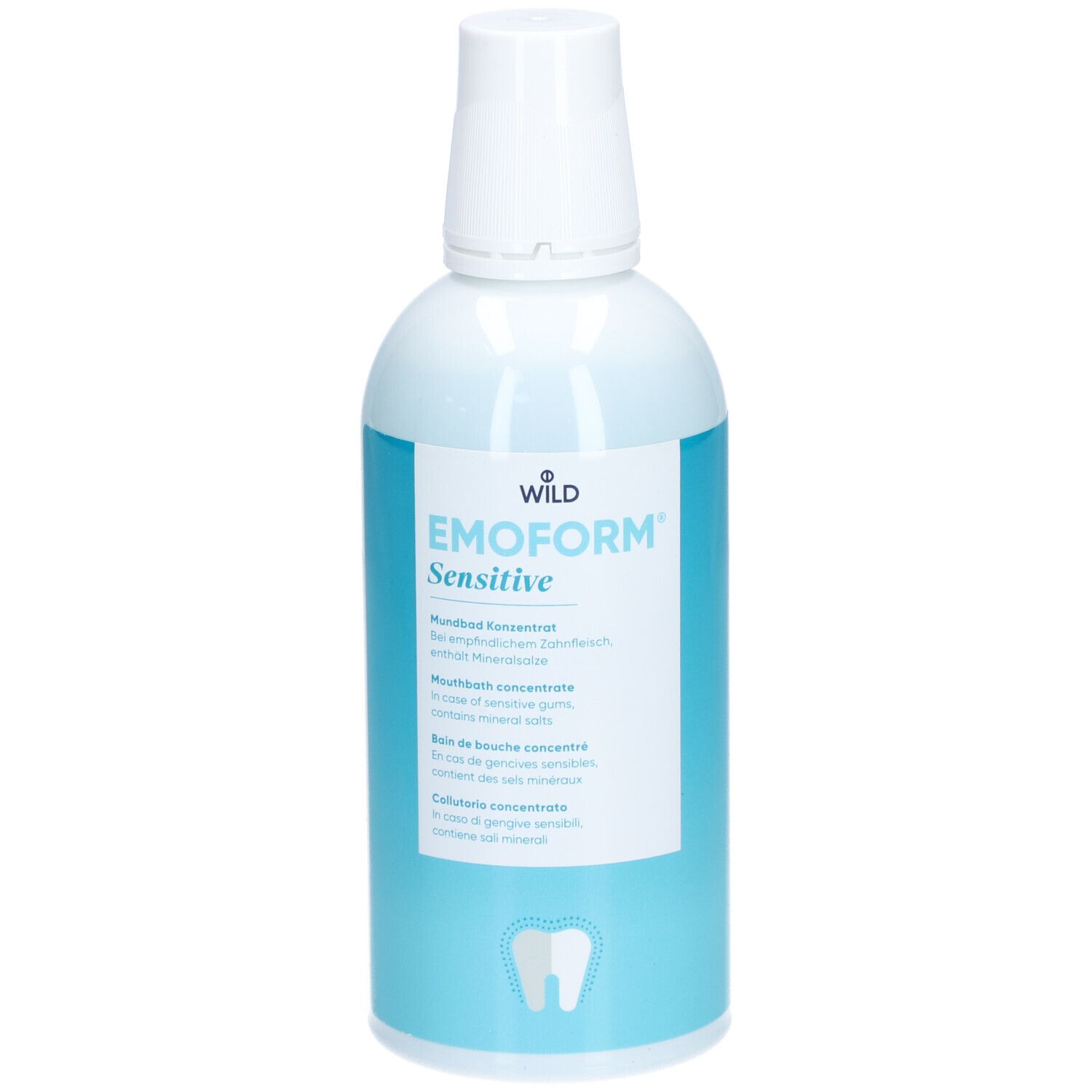 Mundwasser-Konzentrat in einer Flasche. Weißer Deckel, hellblaue Flasche mit Produktnamen und Zahn-Symbol.