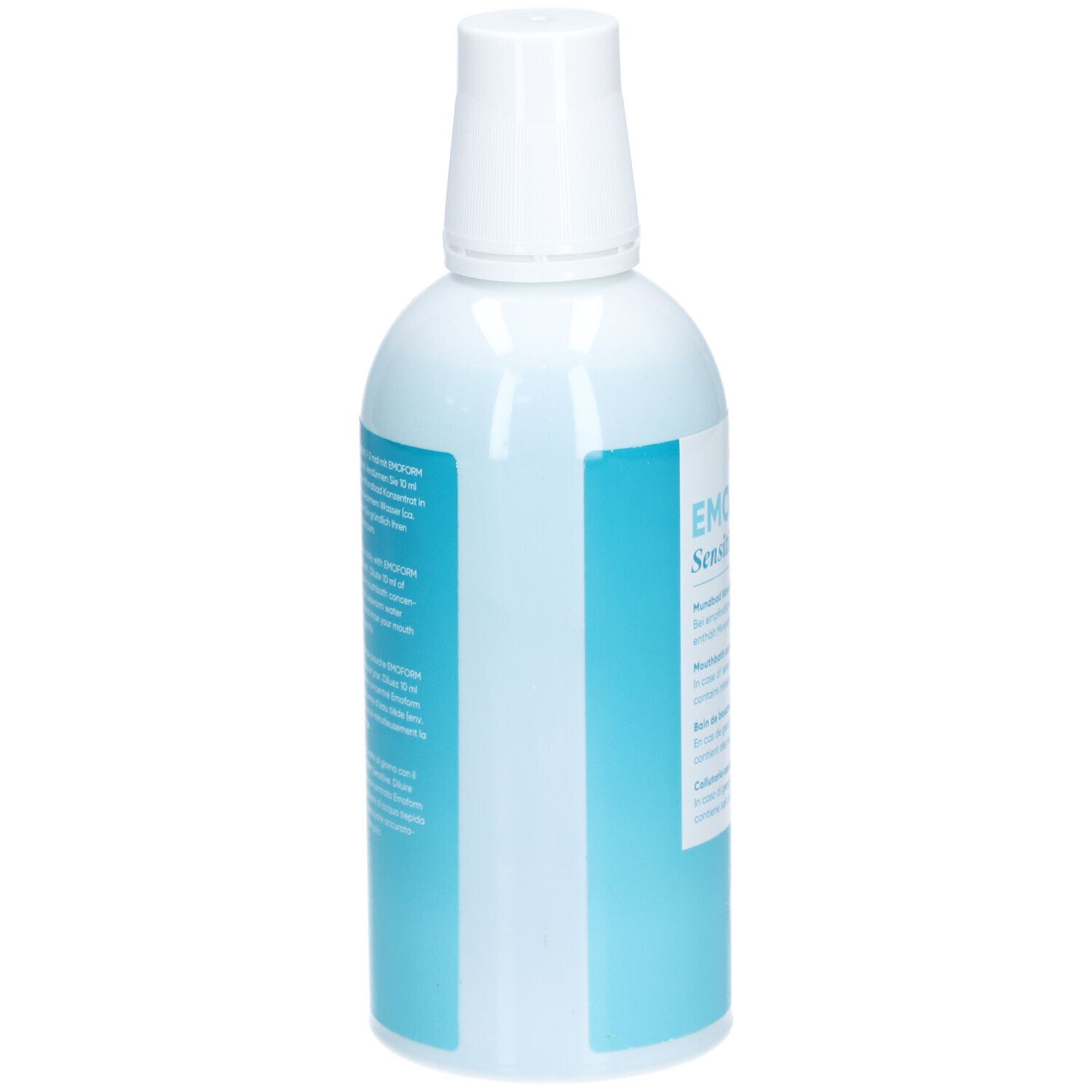 Rückseite der Mundwasserflasche. Hellblaue Flasche mit Text. Weißer Deckel.