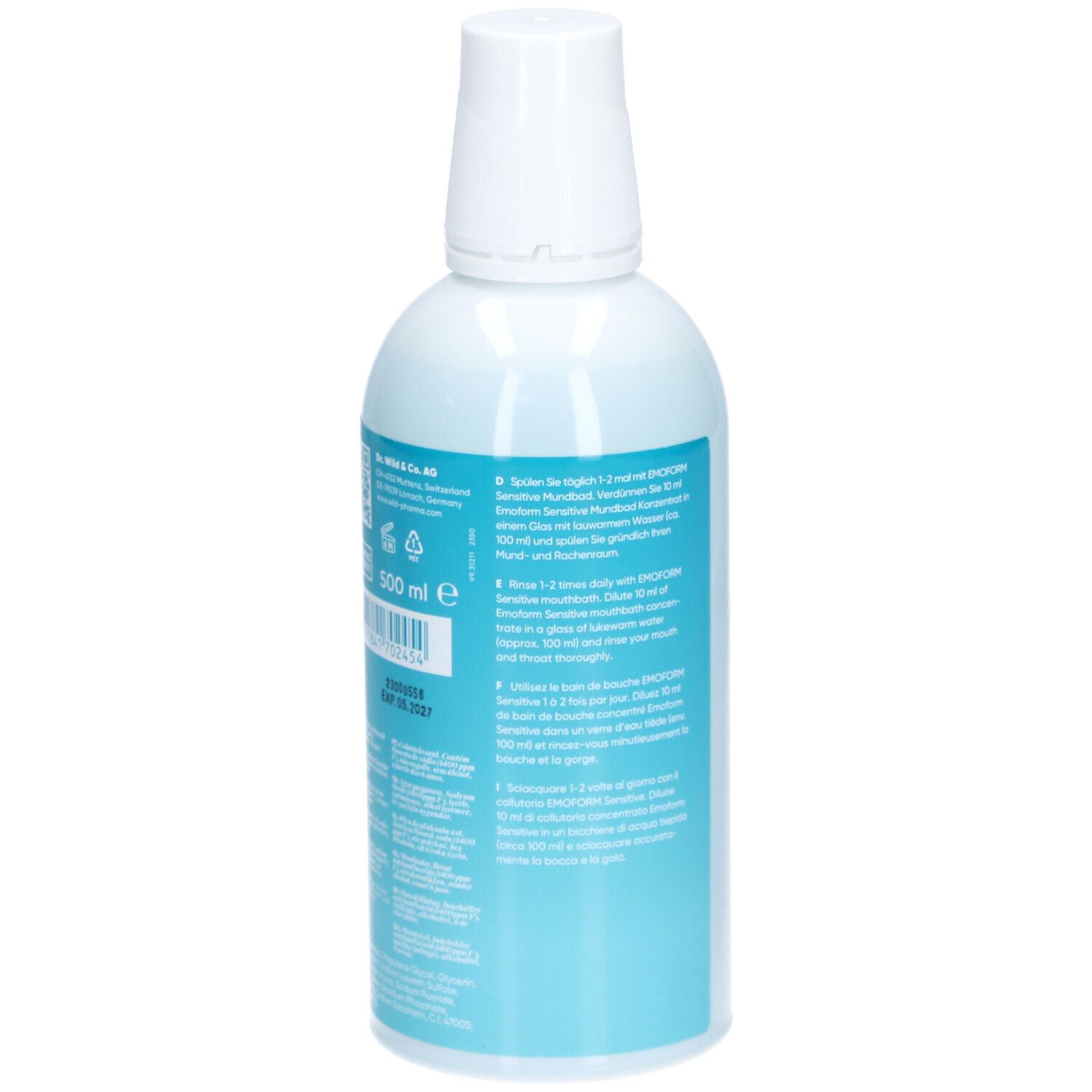 Rückseite der Mundwasserflasche. Text und Informationen. Weißer Deckel. 500 ml.