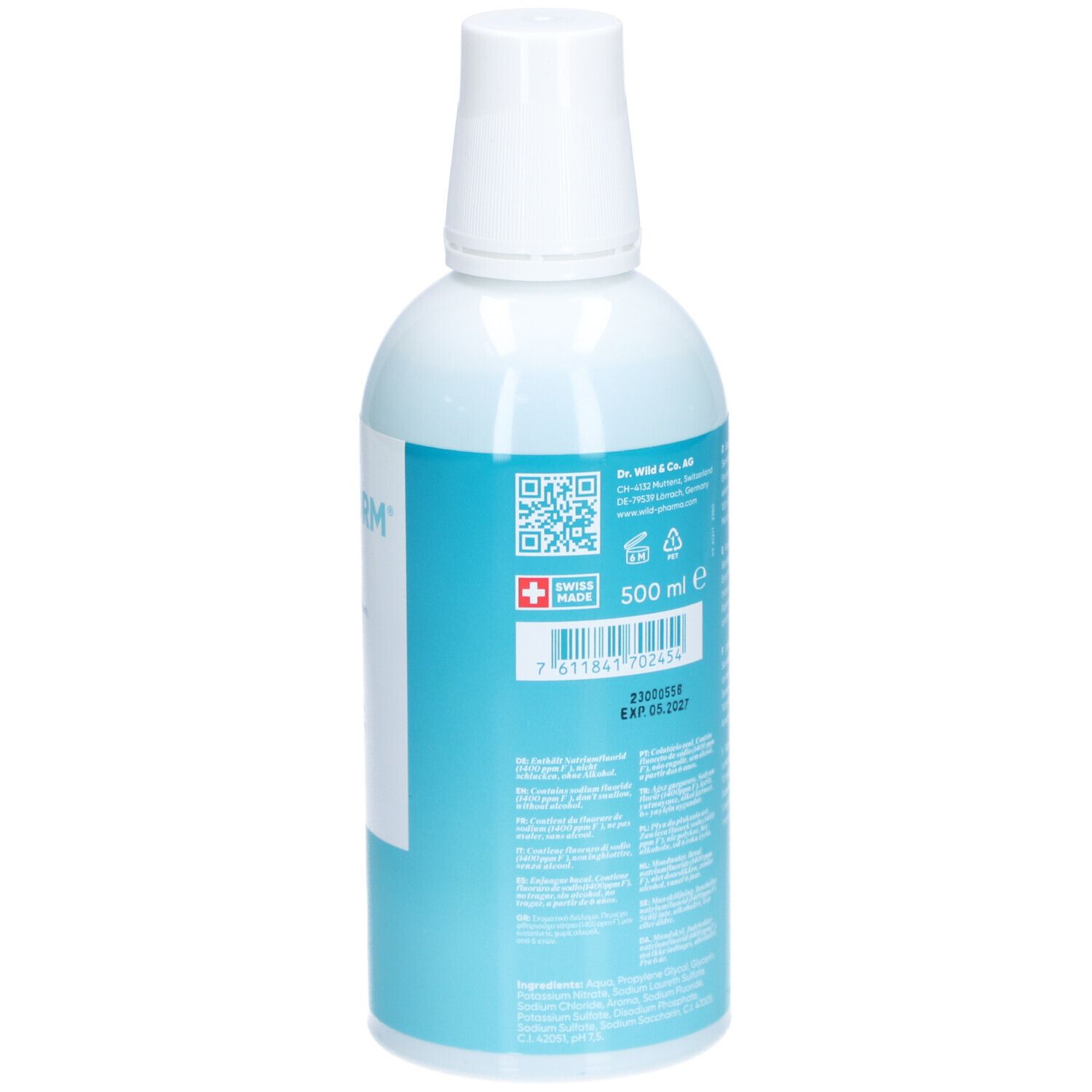 Rückseite der Mundwasserflasche. Text, Informationen, Schweizer Flagge, QR-Code. 500 ml.