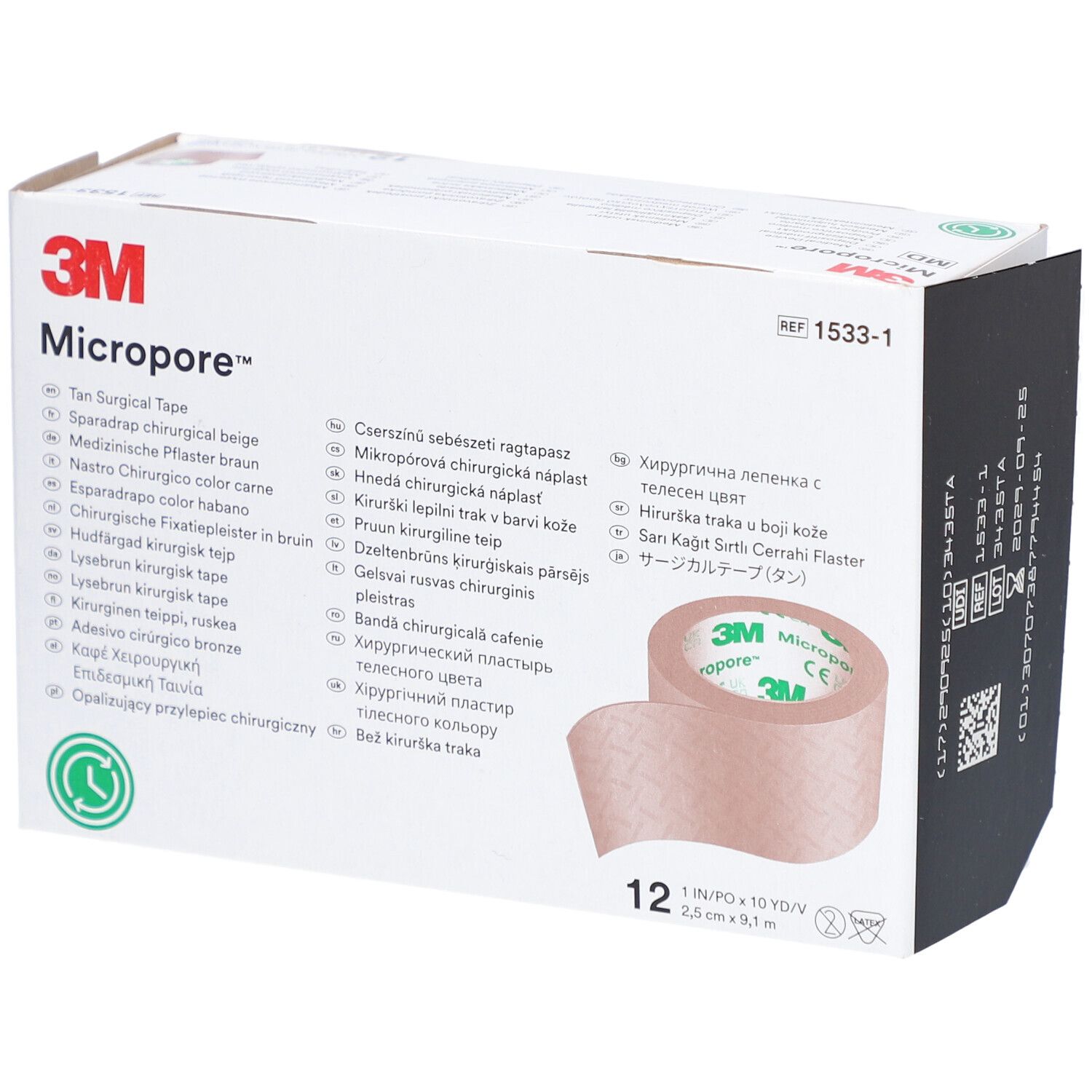 Verpackung mit 3M Micropore™ chirurgischem Klebeband. Beige Rolle, 2,5 cm x 9,1 m. 12 Stück. 3M Logo und Produktbezeichnung.