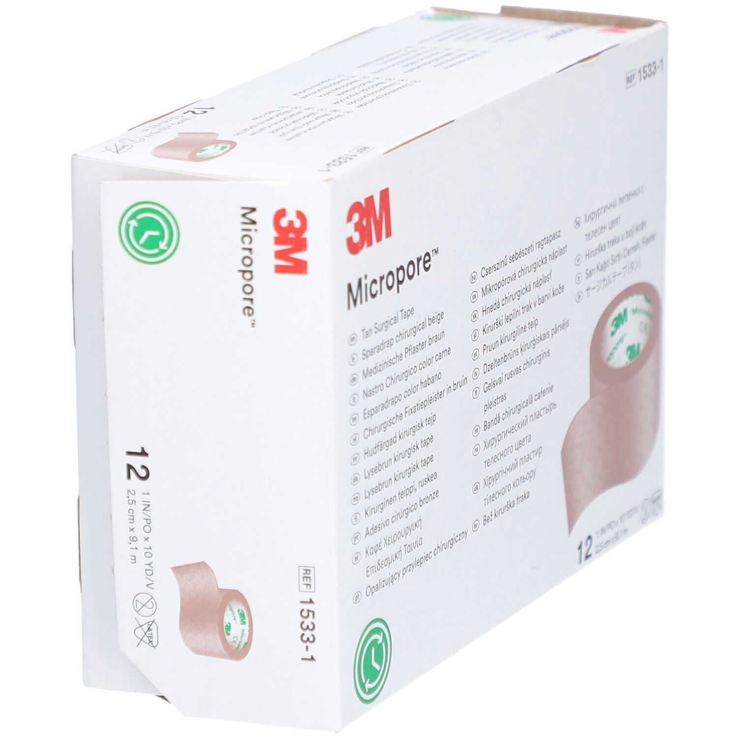 Schräg gestellte Verpackung mit 3M Micropore™ chirurgischem Klebeband. Beige Rolle sichtbar. 12 Stück. 3M Logo und Produktbezeichnung.