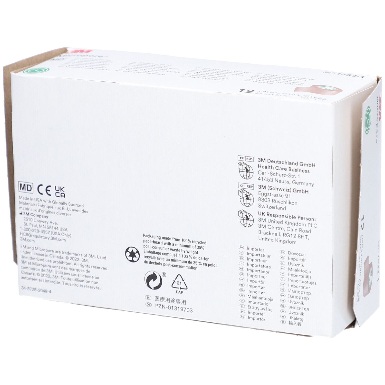 Rückseite der Verpackung mit Informationen. Herstelleradressen, Recycling-Logo, CE-Kennzeichnung. Text in mehreren Sprachen.
