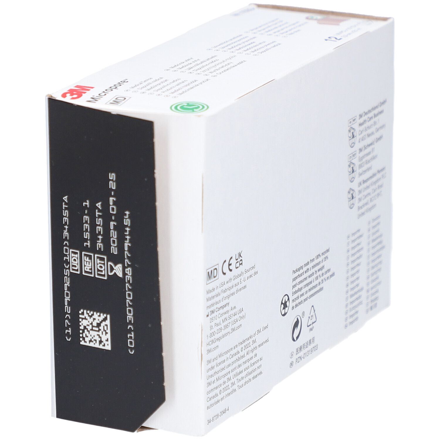 Verpackung mit schwarzem Feld und Chargeninformationen. MD- und CE-Kennzeichnung. Text in mehreren Sprachen.
