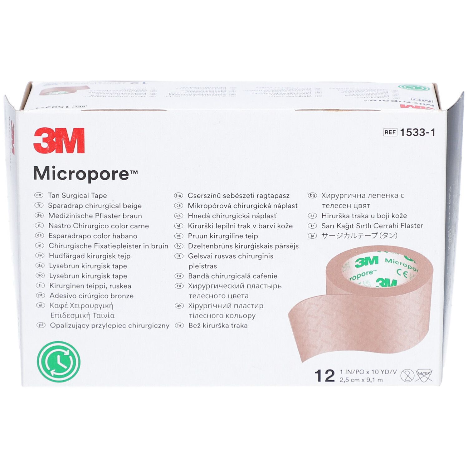 Verpackung mit 3M Micropore™ chirurgischem Klebeband. Beige Rolle, 2,5 cm x 9,1 m. 12 Stück. 3M Logo und Produktbezeichnung.