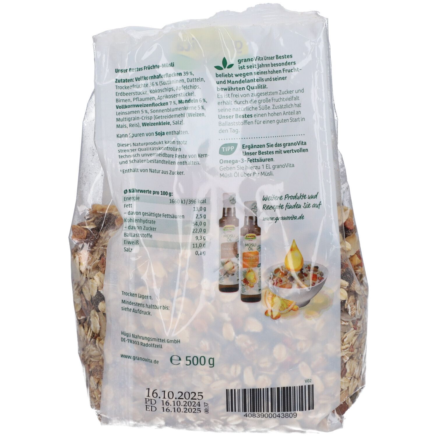 Rückseite der Müsli-Tüte. Zutatenliste, Nährwertangaben, Text über Qualität. Logo granoVita. Mindesthaltbarkeitsdatum. 500g.