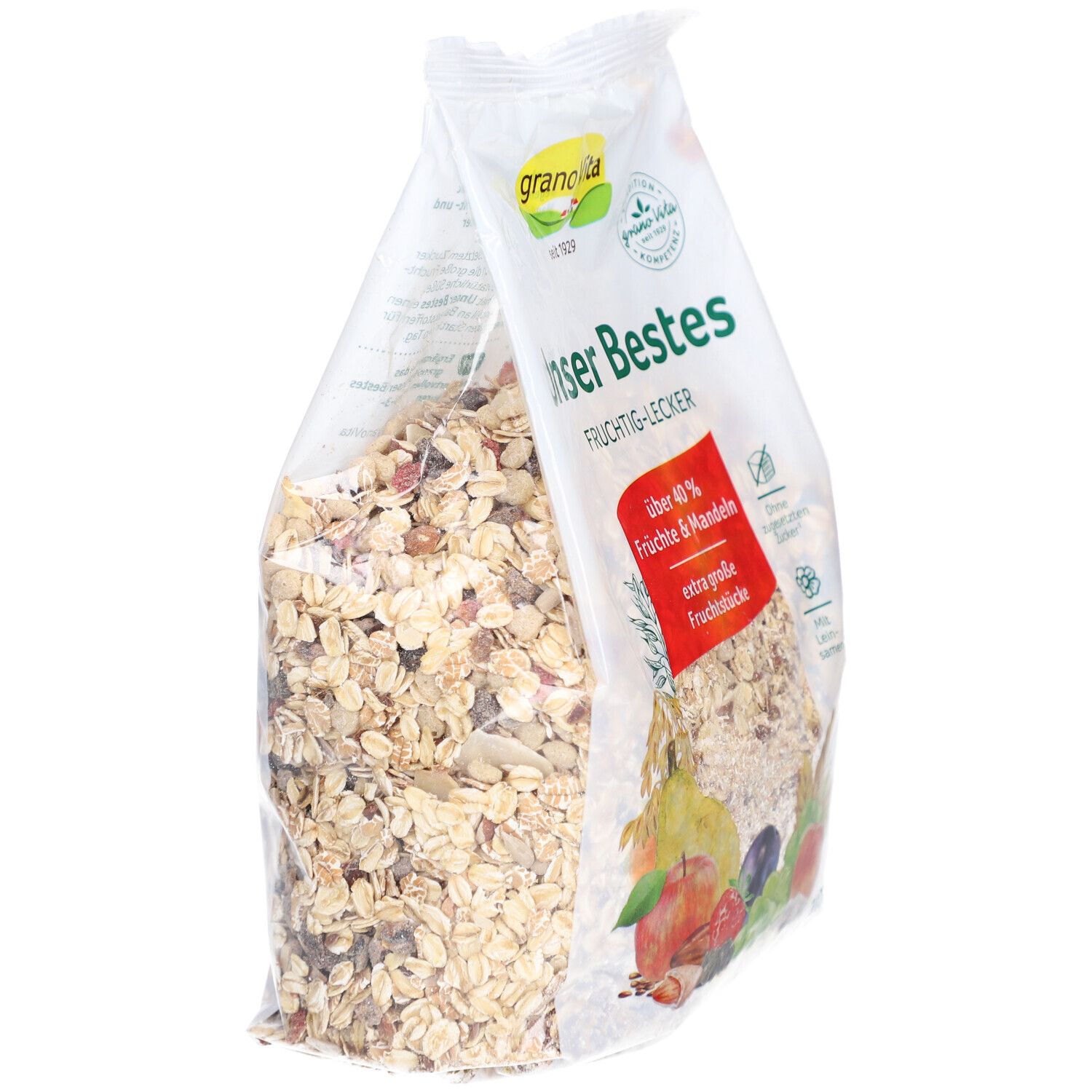 Klare Plastikverpackung mit Müsli. Aufschrift: granoVita, Unser Bestes, über 40% Früchte & Mandeln. Ansicht von der Seite.