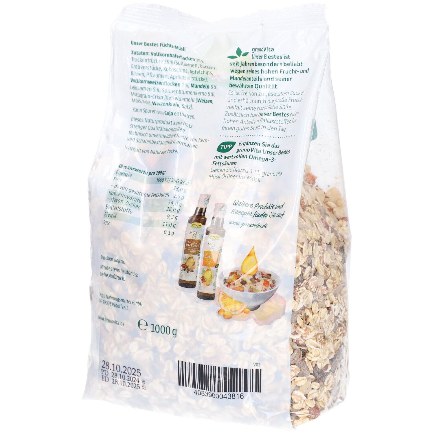Rückseite der Müsli-Verpackung. Text: Inhaltsstoffe, Nährwerte, granoVita. Abbildung von Müsli in einer Schüssel und Ölen.